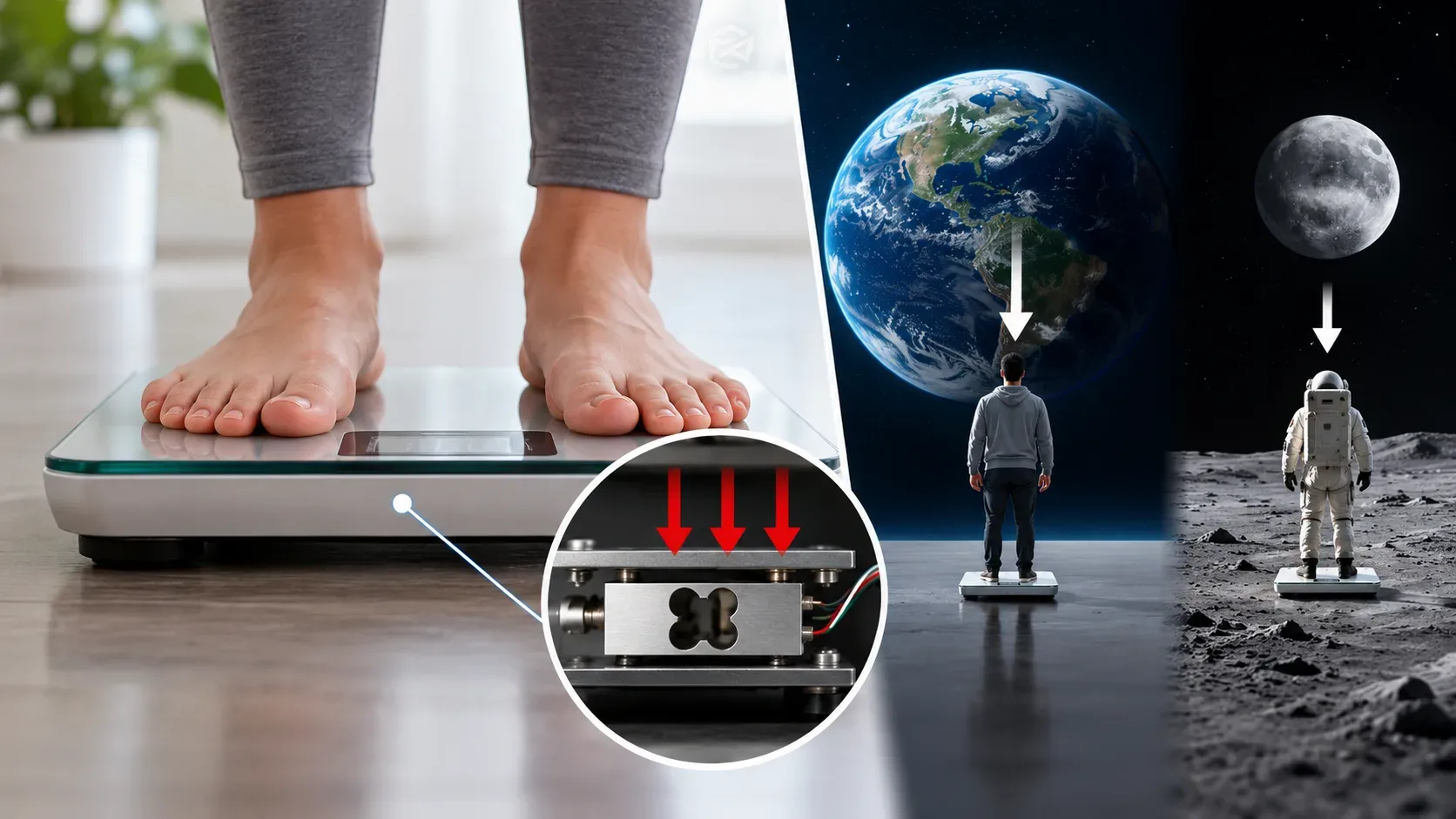 Pés sobre uma balança digital com detalhe do sensor de força e comparação visual da gravidade na Terra e na Lua.
