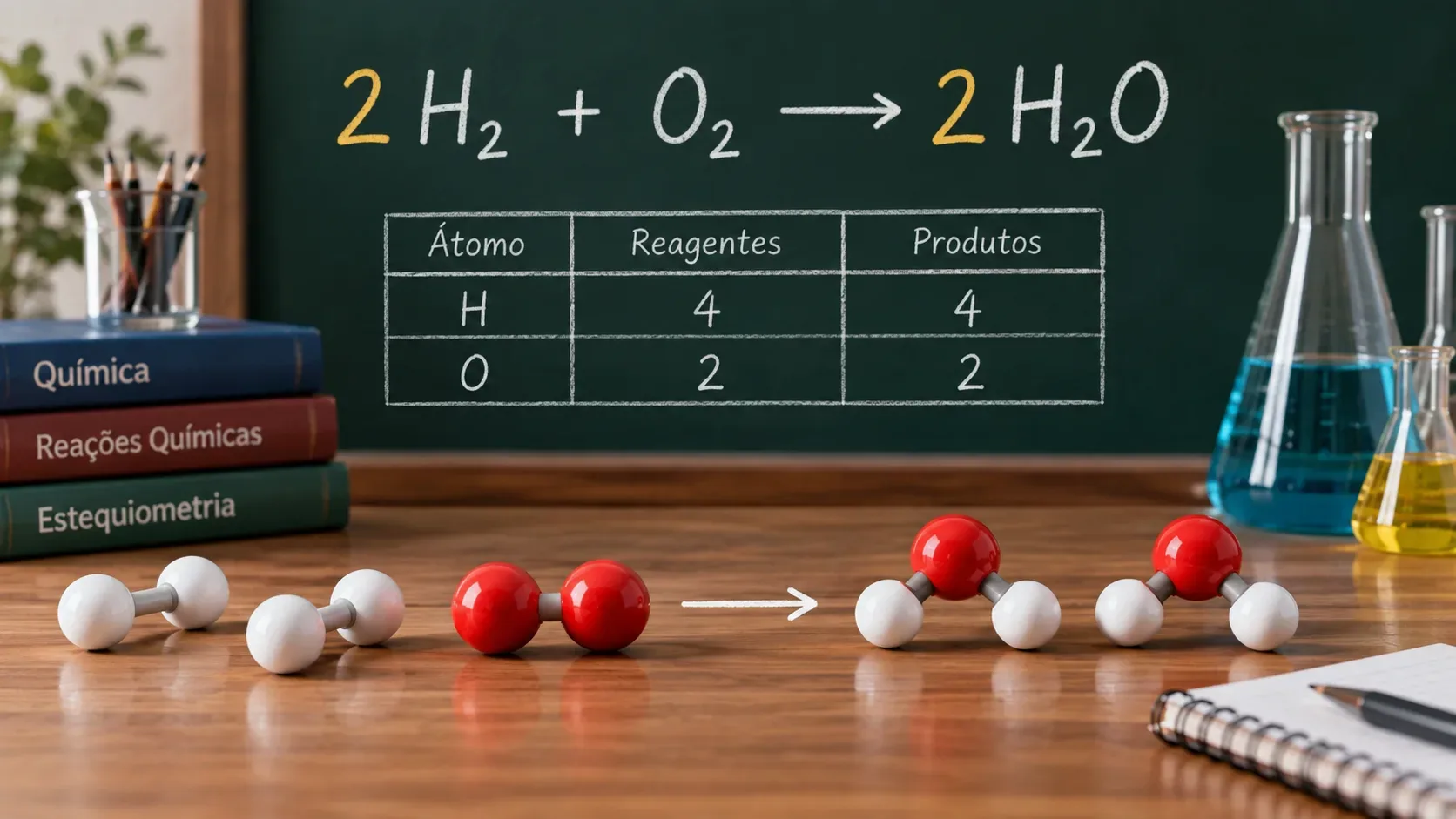Bancada de química com modelos moleculares, vidrarias e lousa exibindo a equação 2 H₂ + O₂ → 2 H₂O e uma tabela de contagem de átomos.