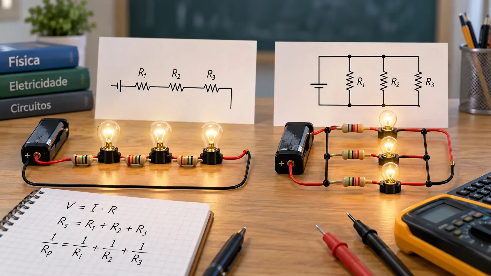Bancada didática com circuitos de baixa tensão em série e em paralelo, lâmpadas acesas, multímetro, esquemas elétricos e caderno com fórmulas.