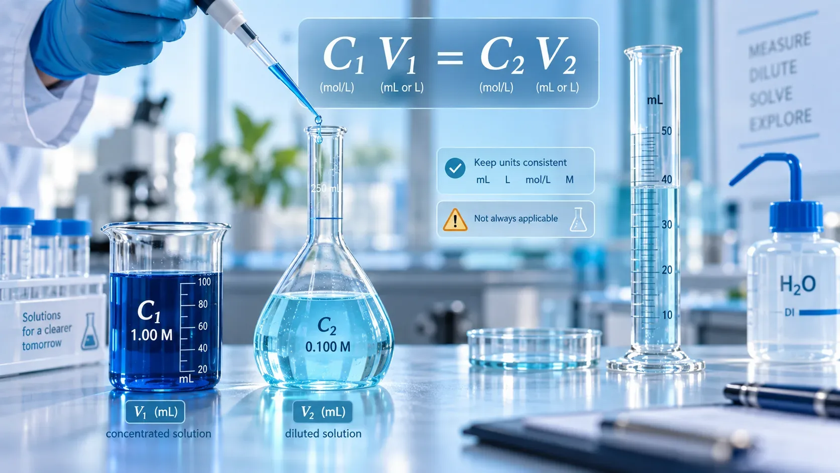 Bancada de laboratório com pipeta, béqueres, balão volumétrico e proveta com soluções azuis, acompanhados da equação C1V1=C2V2 e indicações de unidades.