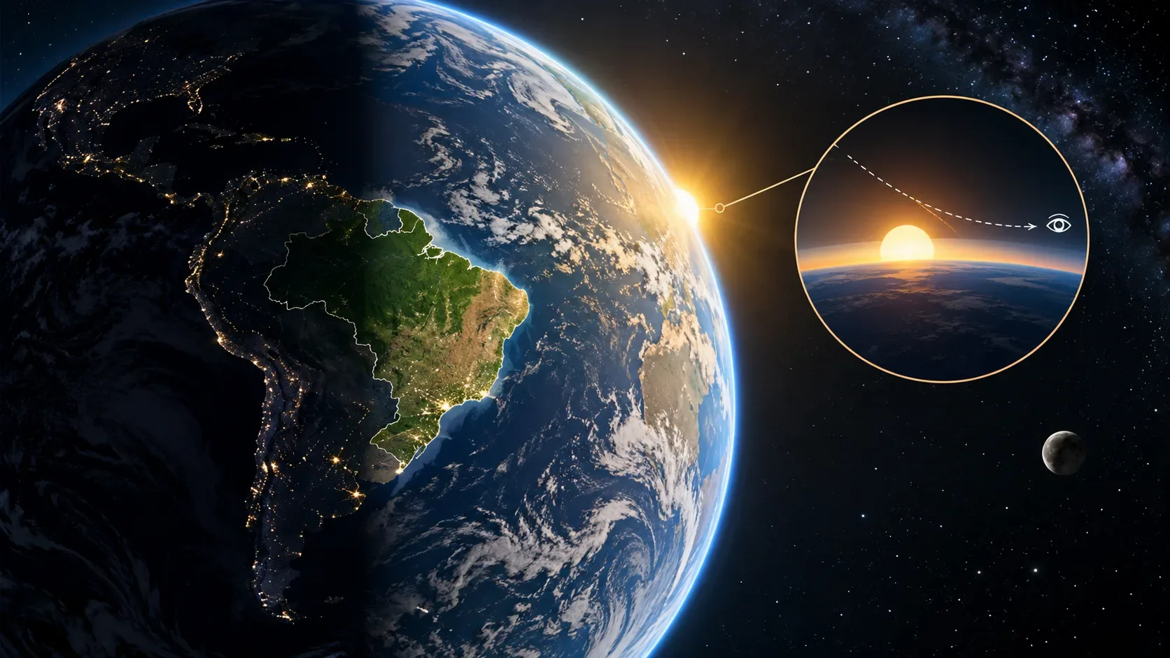 Terra vista do espaço com o Brasil em destaque no limite entre dia e noite e um detalhe conceitual mostrando a refração da luz solar no horizonte.