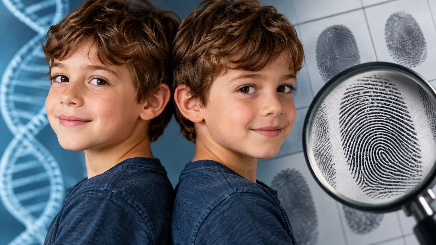 Dois meninos gêmeos lado a lado, com uma hélice de DNA ao fundo e impressões digitais ampliadas por uma lupa.