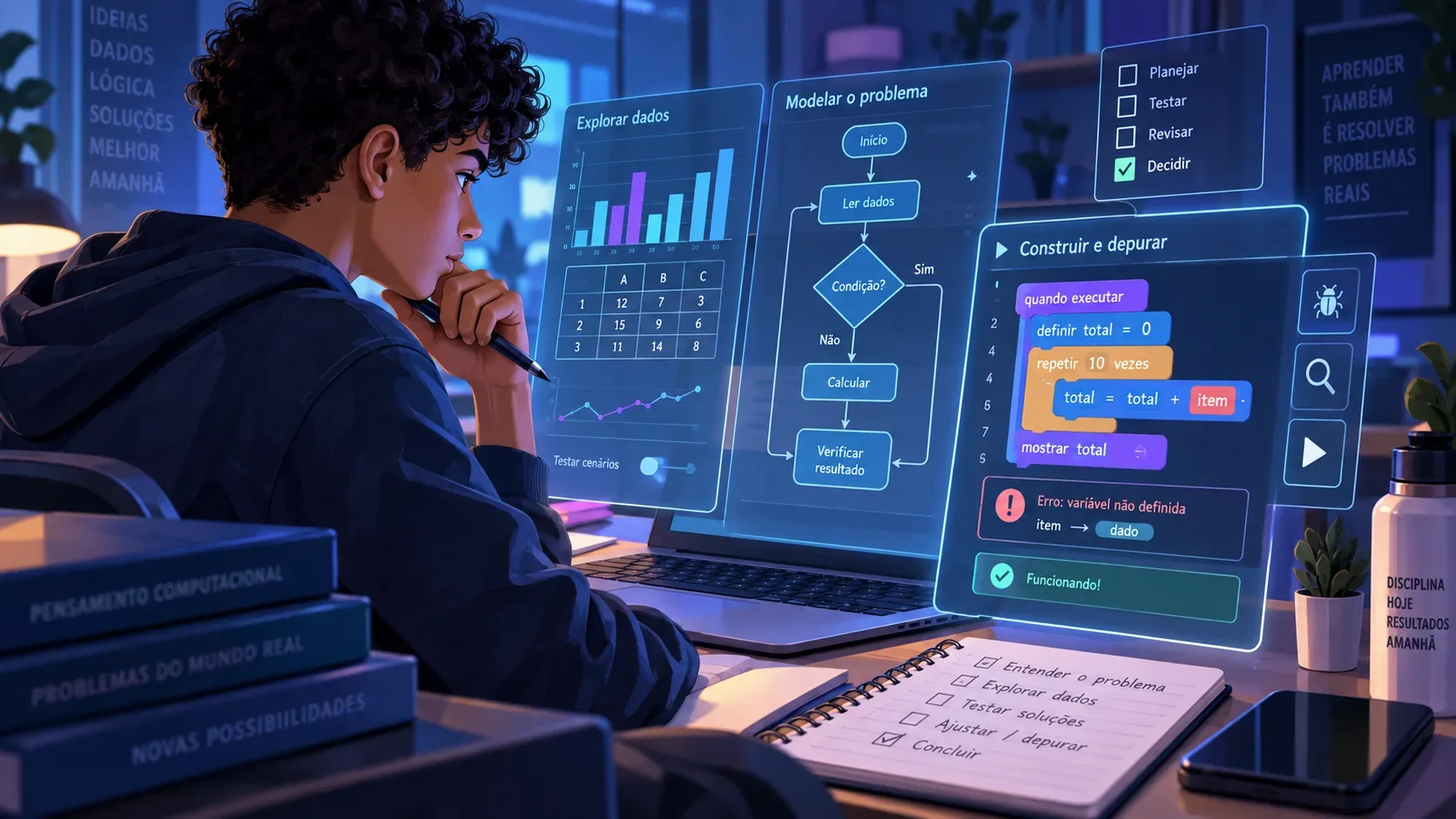Estudante diante de um notebook com painéis digitais de gráficos, fluxograma, programação em blocos e depuração de uma solução.