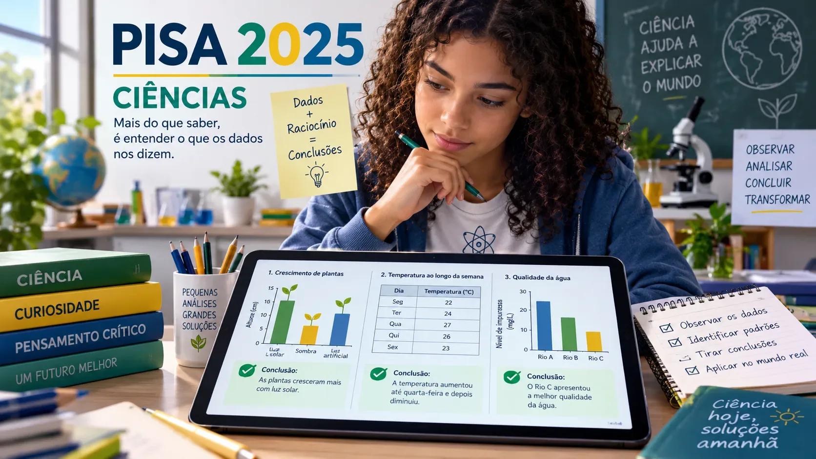 Estudante analisando três gráficos simples de ciências em um tablet, cercada por materiais escolares, microscópio e elementos visuais sobre PISA 2025.
