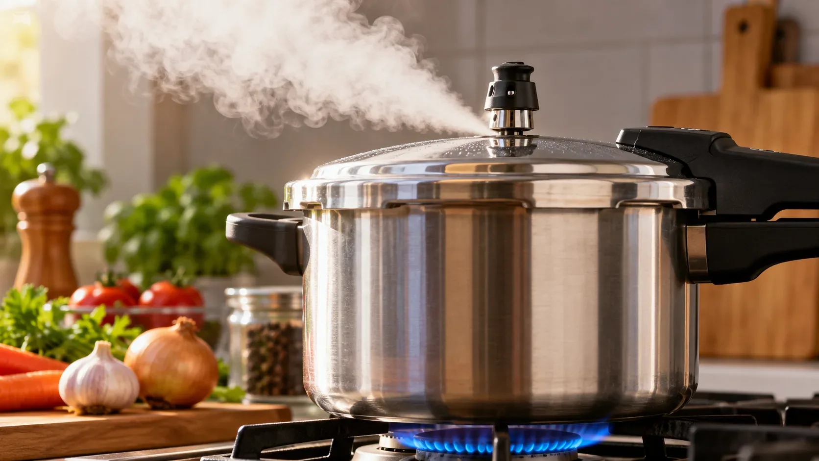 Panela de pressão de aço inox sobre chama azul, liberando vapor pela válvula em uma cozinha com vegetais ao fundo.
