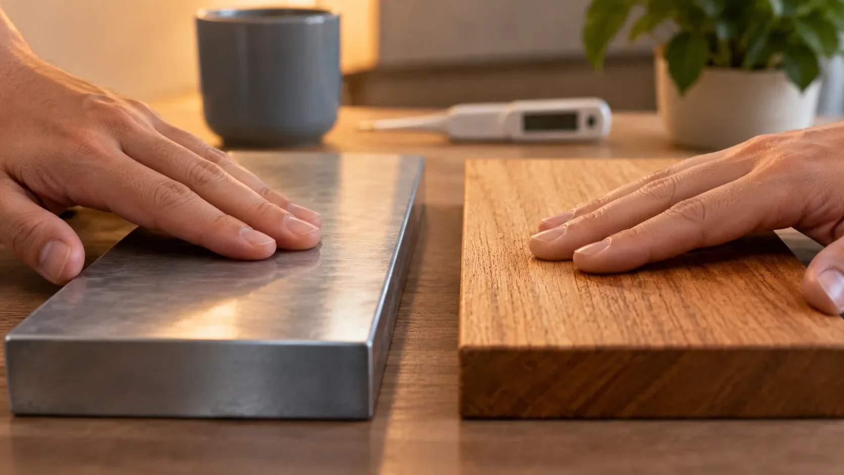 Duas mãos tocam lado a lado uma placa de metal e um bloco de madeira sobre uma mesa, com um termômetro desfocado ao fundo.