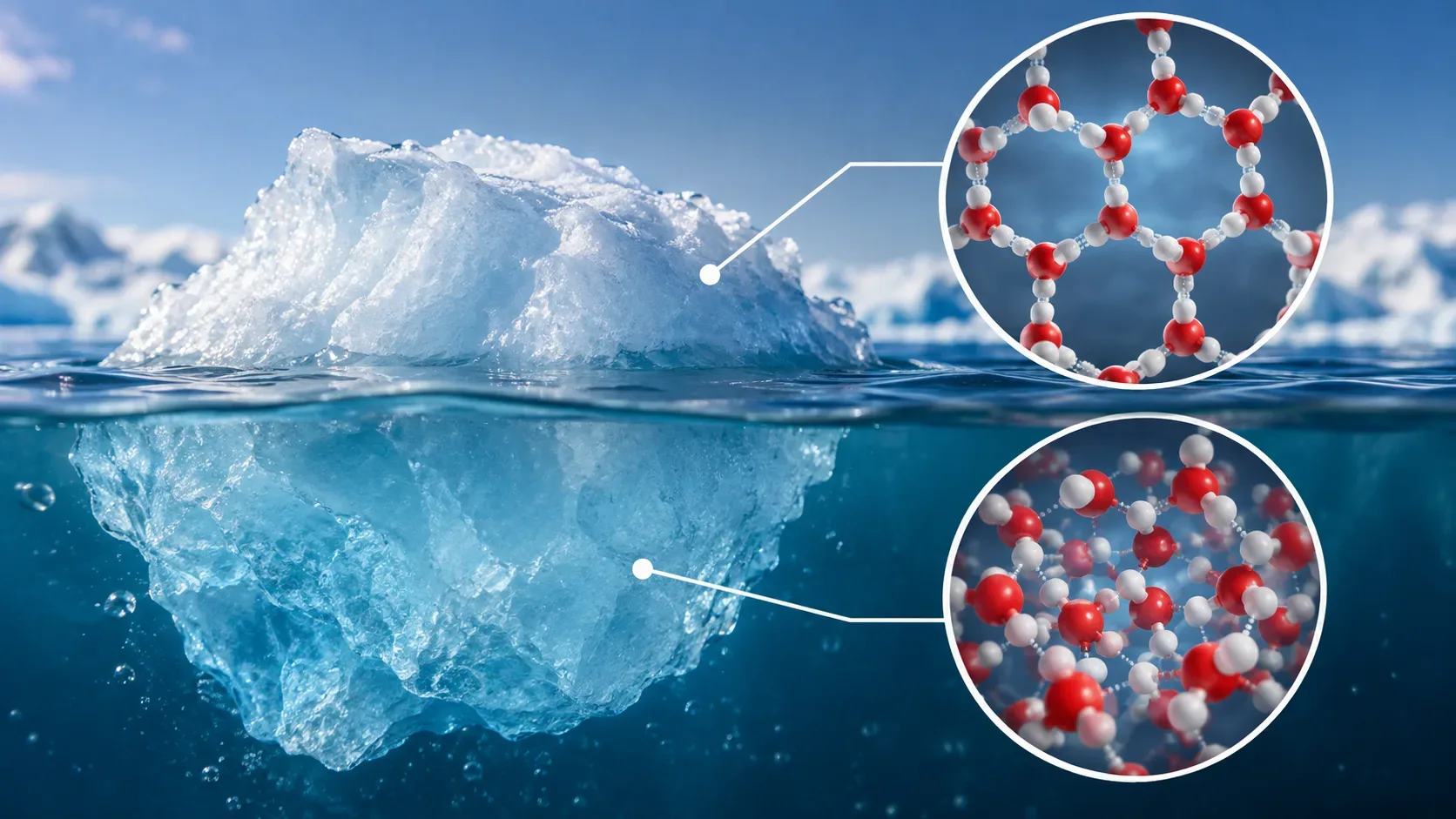 Bloco de gelo flutuando na água, com parte submersa e dois detalhes moleculares mostrando a rede hexagonal aberta do gelo e moléculas mais compactas na água líquida.