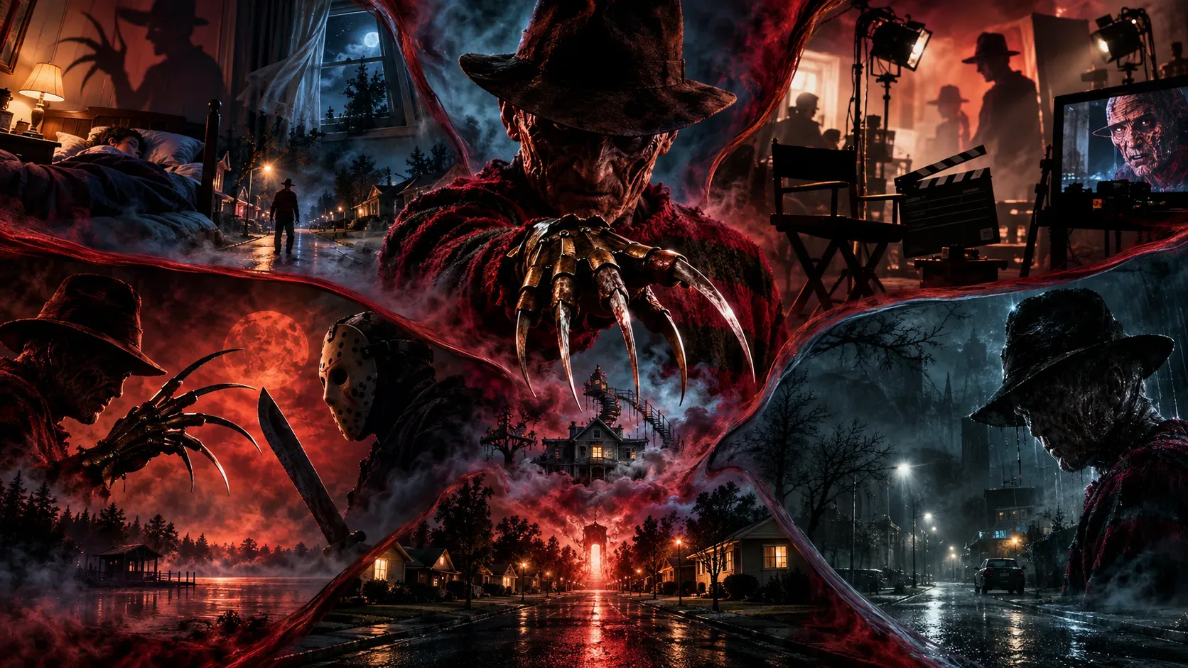 Composição de terror com Freddy Krueger ao centro, cenas de quarto e rua, um set de filmagem e confronto com figura de máscara de hóquei, sugerindo diferentes linhas da franquia.