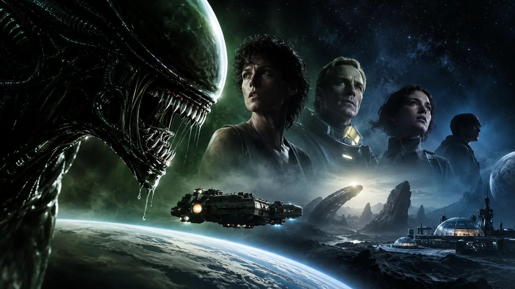 Xenomorfo em primeiro plano diante de exploradores, naves, planetas e uma colônia futurista em um cenário espacial escuro.