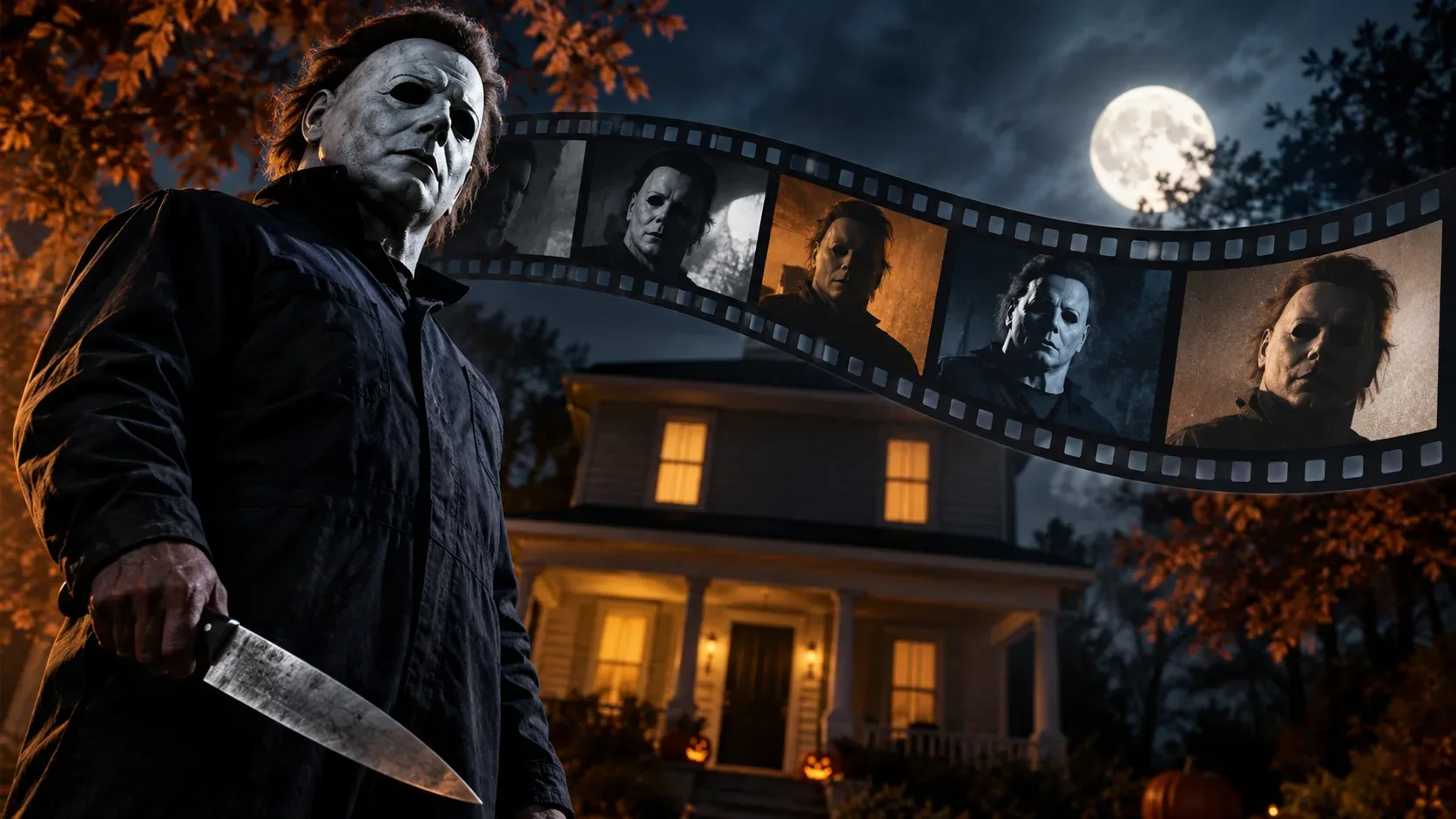 Michael Myers com faca diante de uma casa suburbana iluminada, com lua cheia, abóboras e uma tira de filme mostrando diferentes versões de sua máscara.