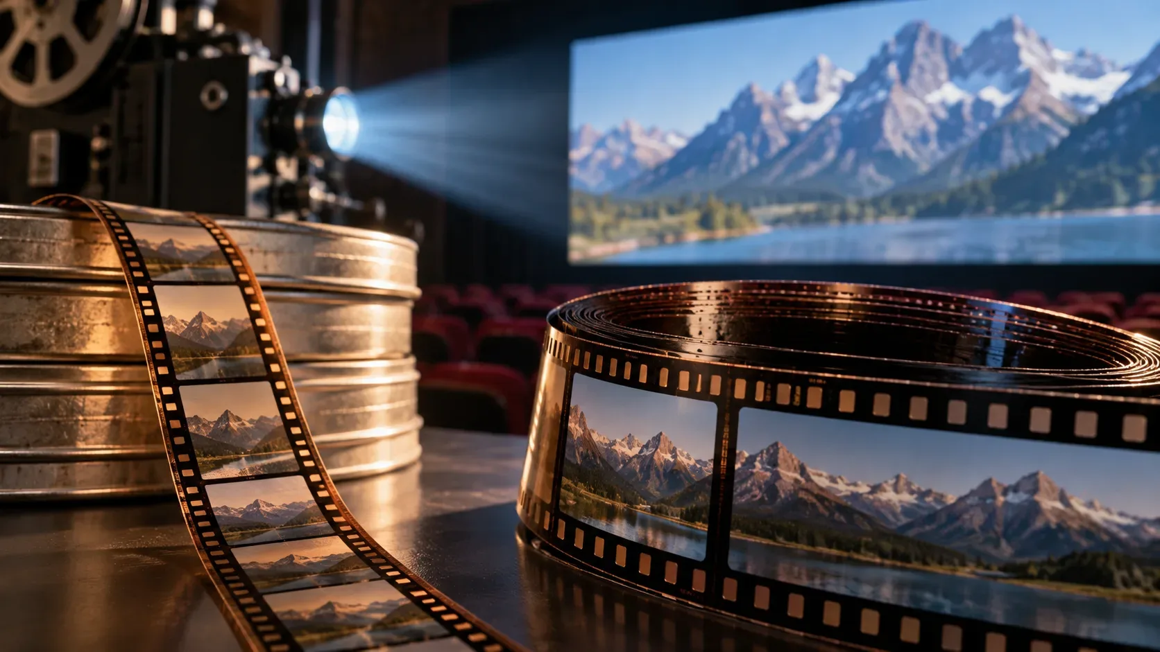 Tiras de película de grande formato sobre uma mesa, com projetor aceso ao fundo e tela de cinema exibindo uma paisagem montanhosa.