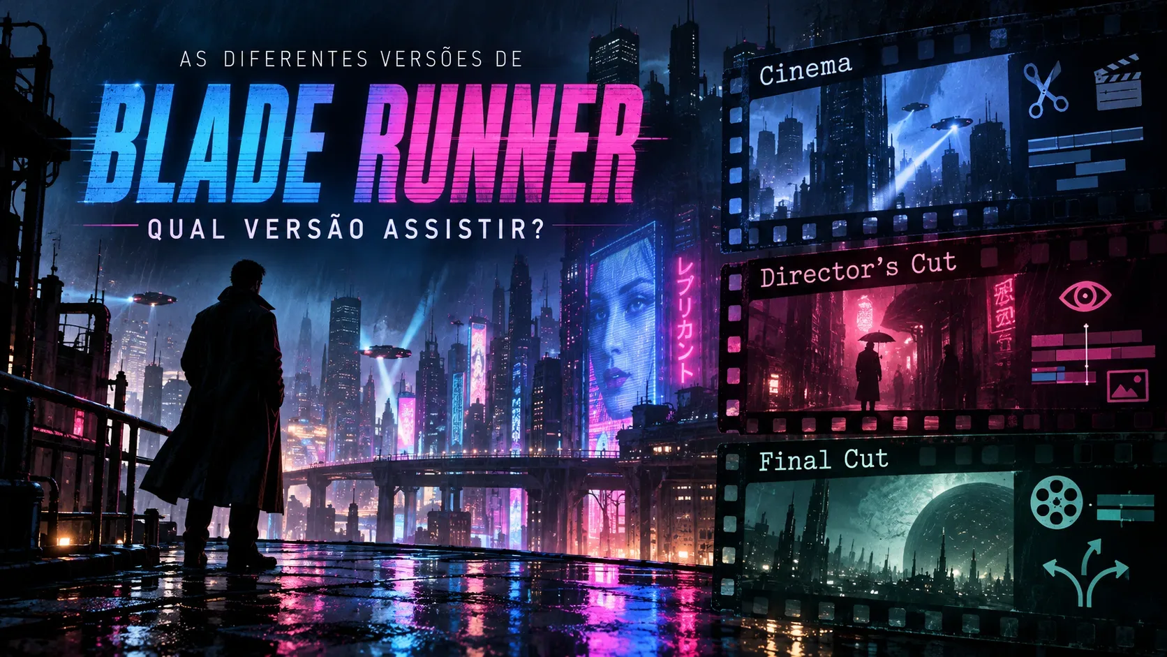 Cidade futurista chuvosa iluminada por néon, com uma figura de sobretudo observando o horizonte e painéis de filme identificando Cinema, Director’s Cut e Final Cut.