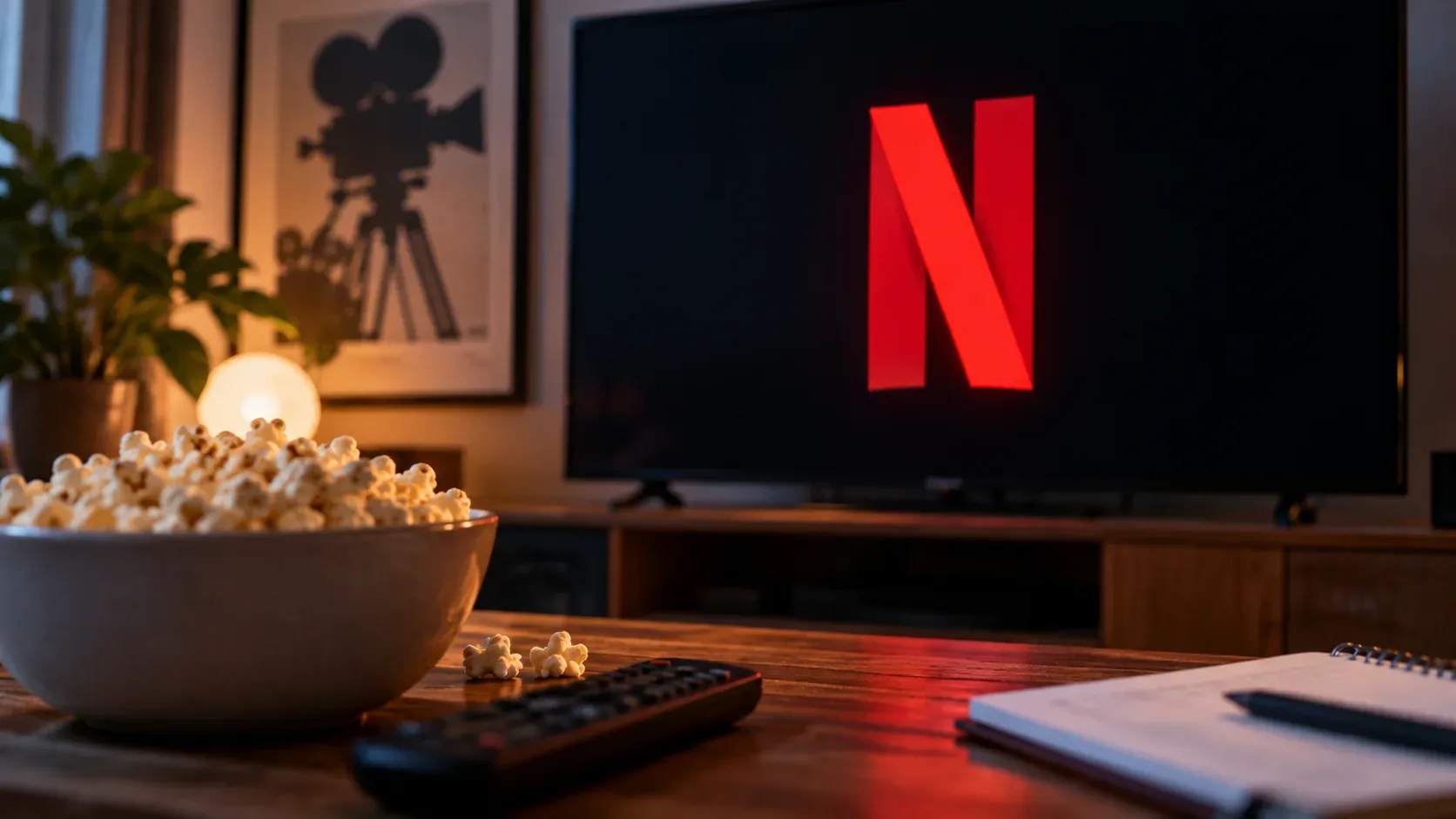 Sala de estar com televisão exibindo o N vermelho da Netflix, tigela de pipoca, controle remoto e caderno sobre a mesa.