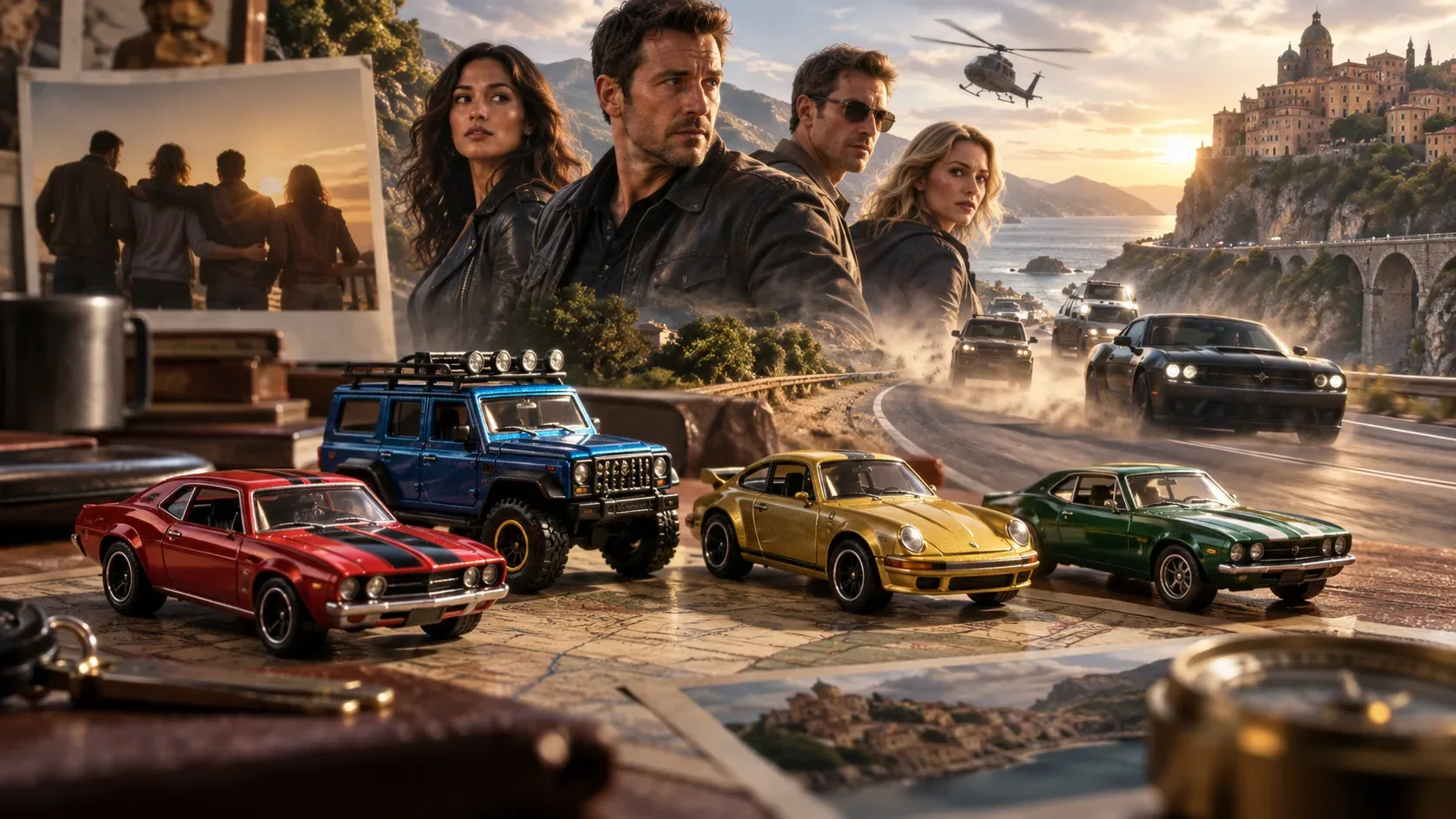 Carrinhos metálicos em miniatura sobre um mapa, com um grupo de adultos e uma perseguição de carros em estrada costeira ao fundo.