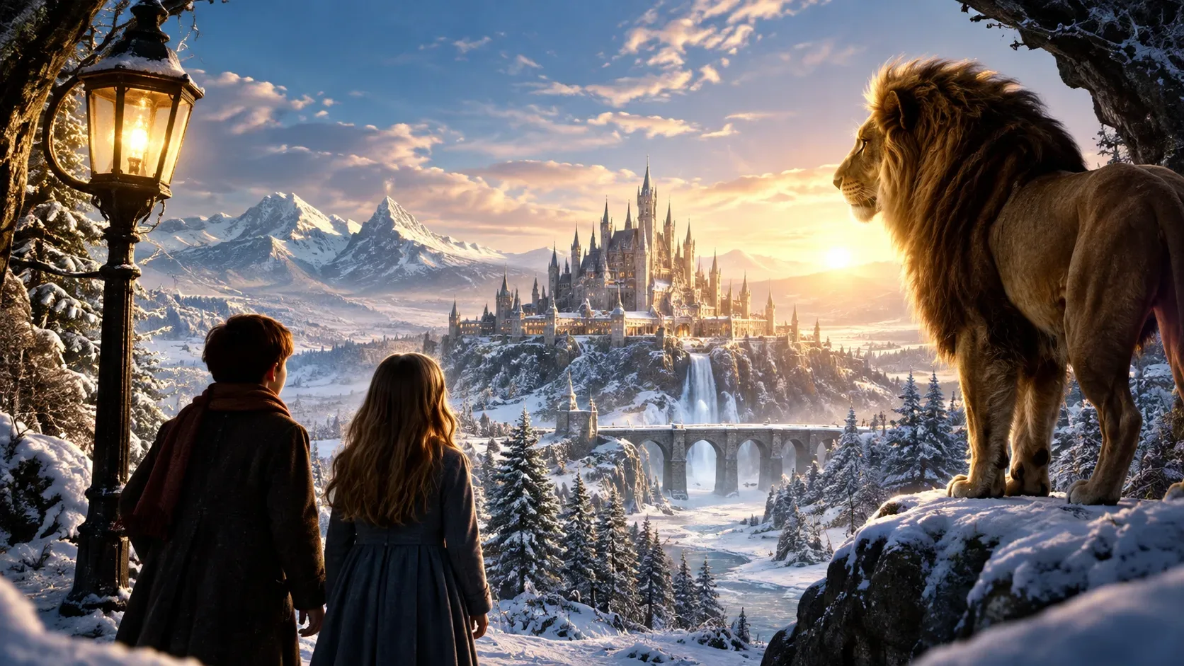 Duas crianças observam um vale nevado com castelo ao longe, ao lado de um lampião iluminado e de um leão sobre uma formação rochosa.