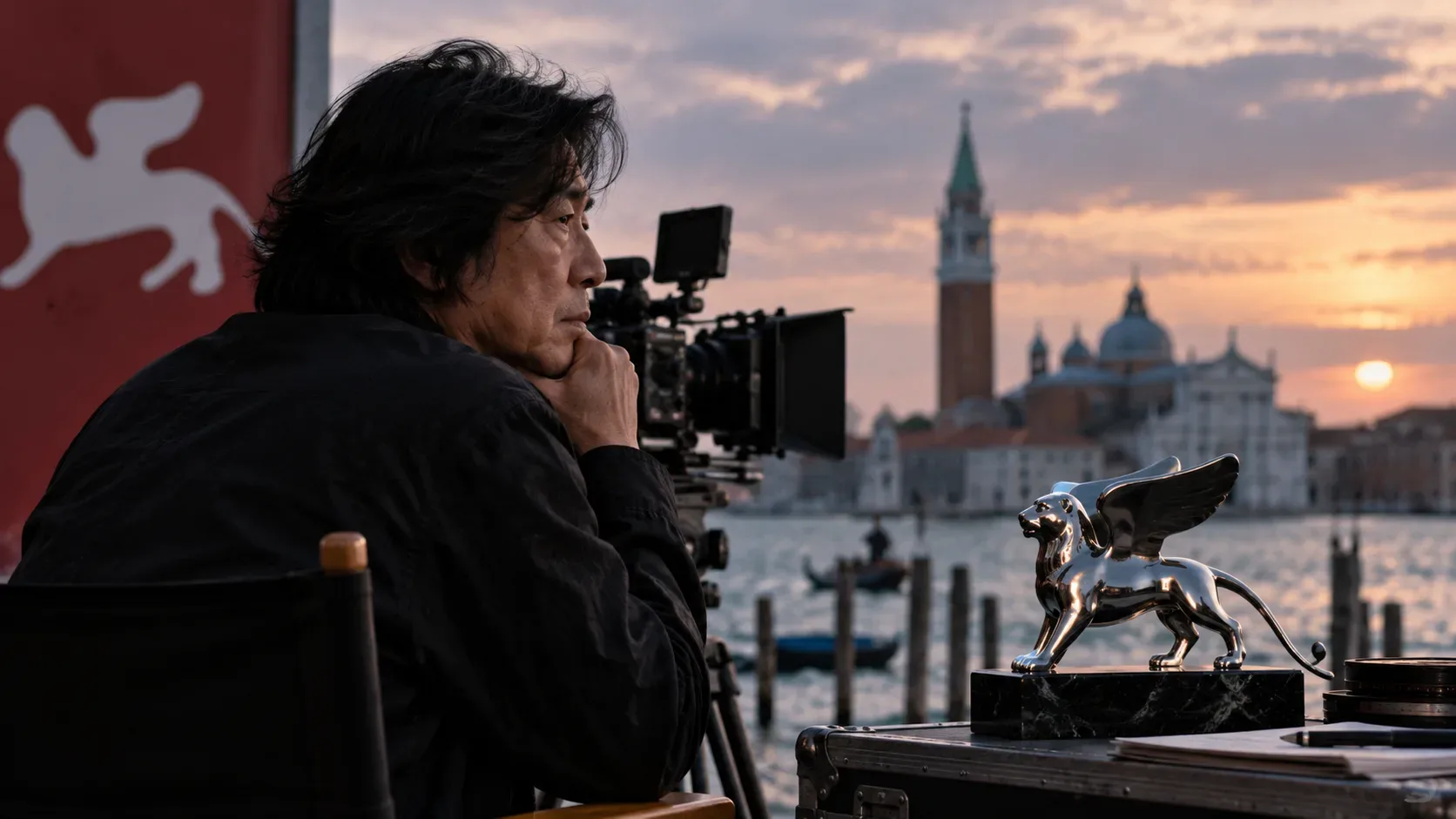 Cineasta asiático sentado ao lado de uma câmera, com Veneza ao fundo e uma estatueta prateada de leão alado sobre um case de produção.