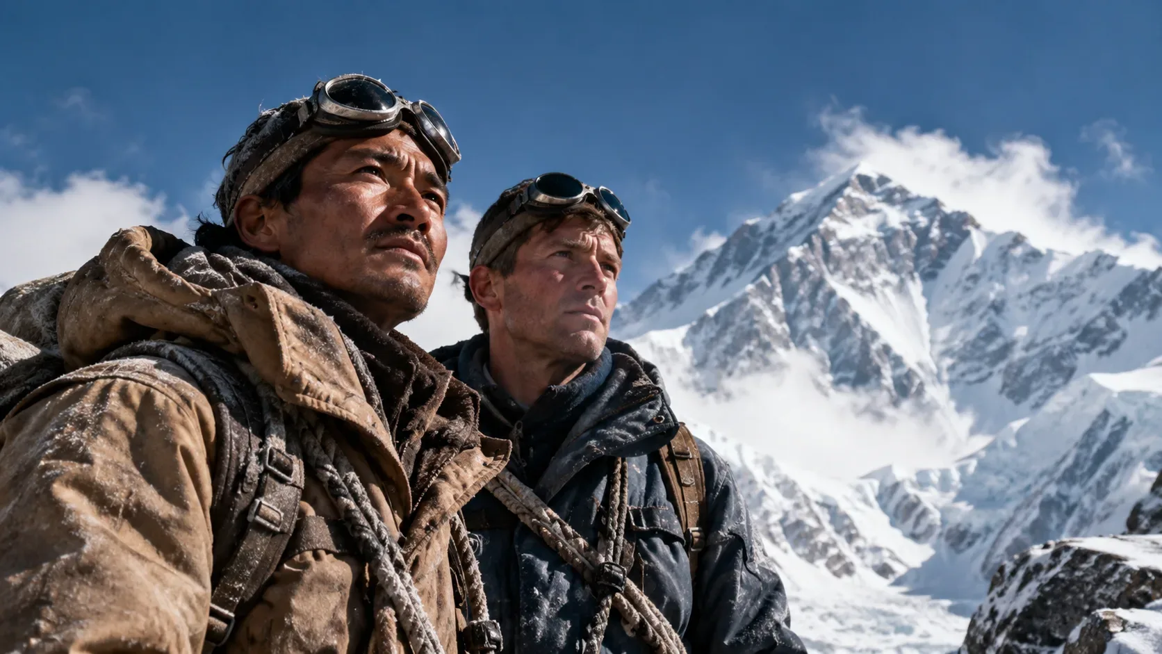 Dois alpinistas com roupas de expedição diante de uma montanha nevada, evocando a ascensão histórica ao Everest.