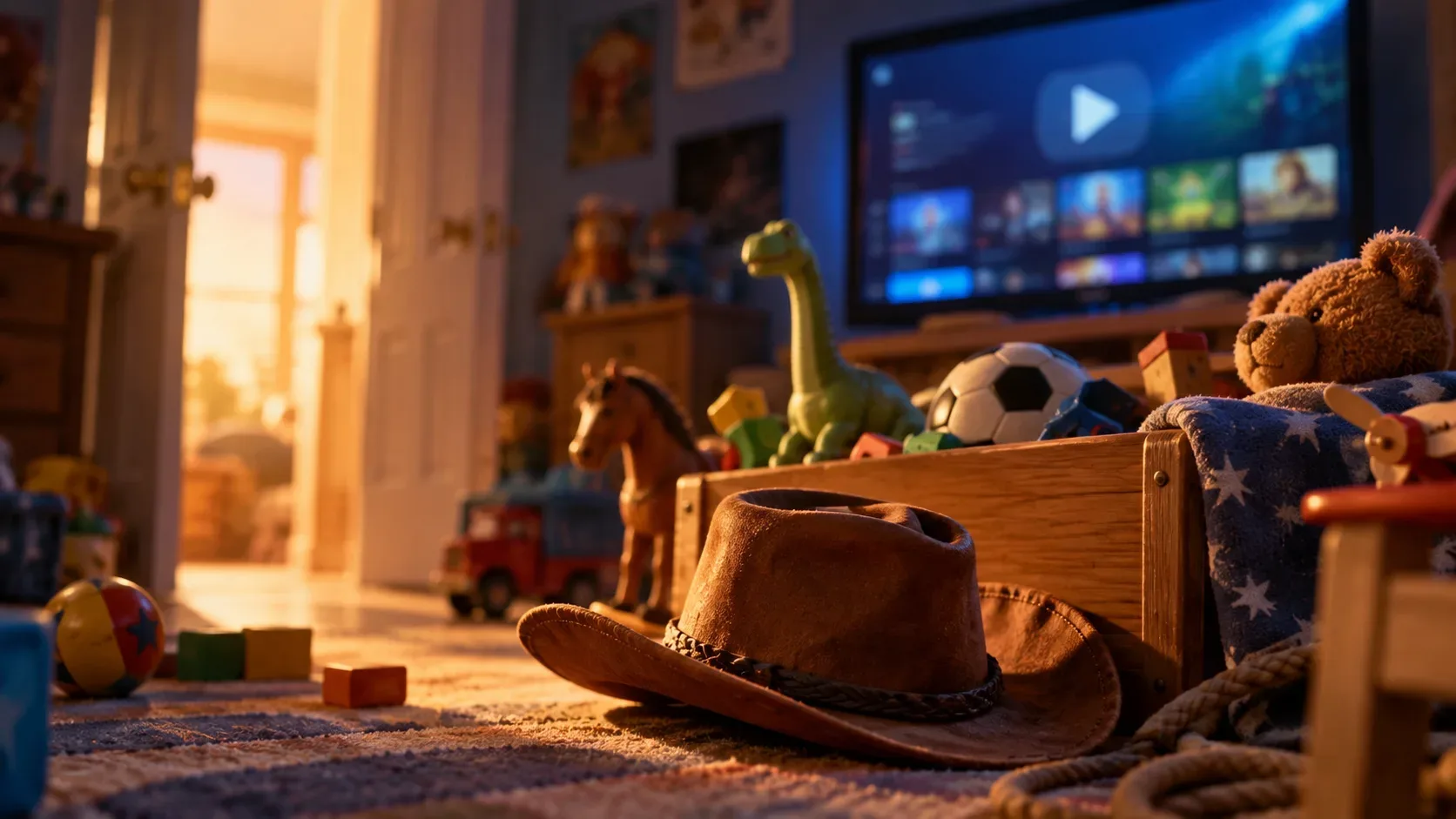 Chapéu western genérico diante de uma caixa de brinquedos em um quarto iluminado, com brinquedos ao fundo e uma TV exibindo uma interface abstrata de streaming.