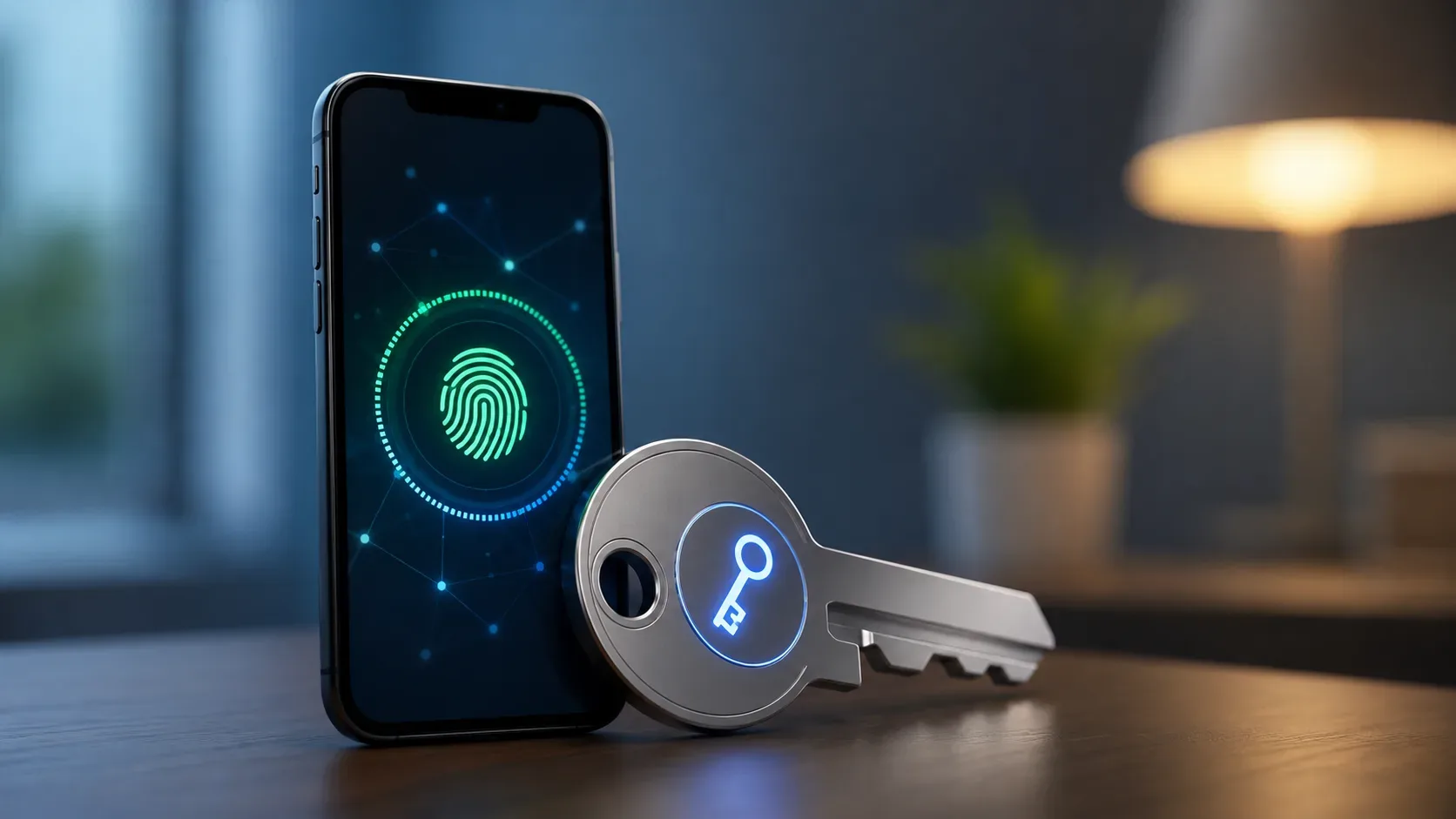 Smartphone genérico ao lado de um símbolo de chave digital, representando o uso de passkey para acessar uma conta com segurança.