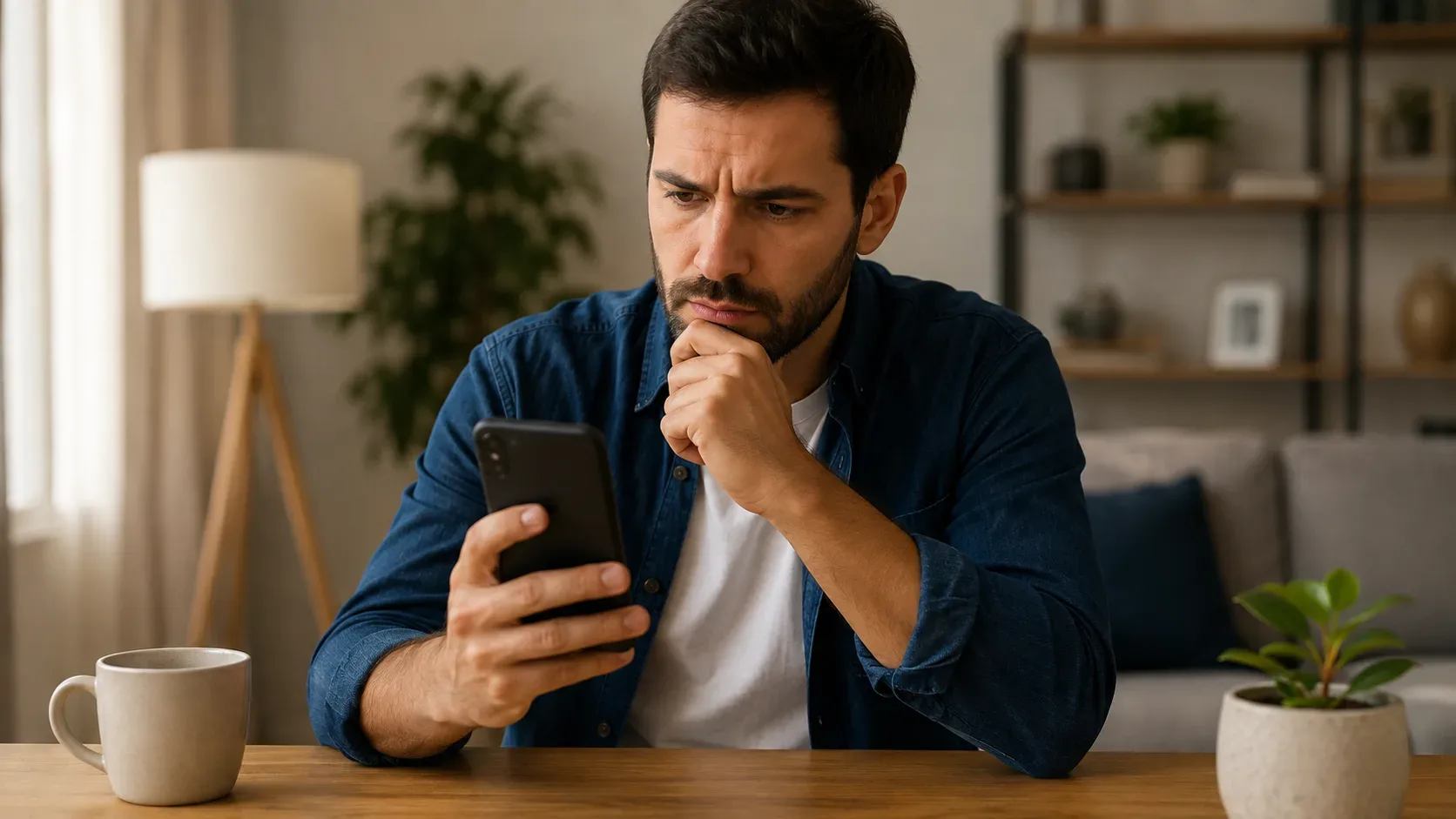 Celular genérico mostrando uma transferência recebida e um símbolo de alerta, representando a devolução segura de um Pix inesperado.