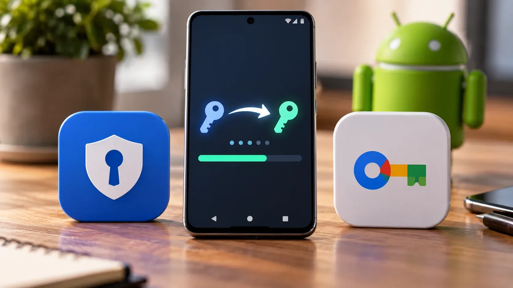 Smartphone Android sobre uma mesa, com ícones de duas chaves e uma seta de transferência entre dois gerenciadores de credenciais.