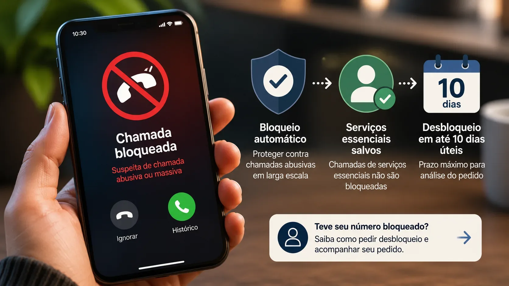 Mão segura smartphone com aviso de chamada bloqueada; ao lado, ícones explicam bloqueio automático, proteção de serviços essenciais e prazo de 10 dias para desbloqueio.