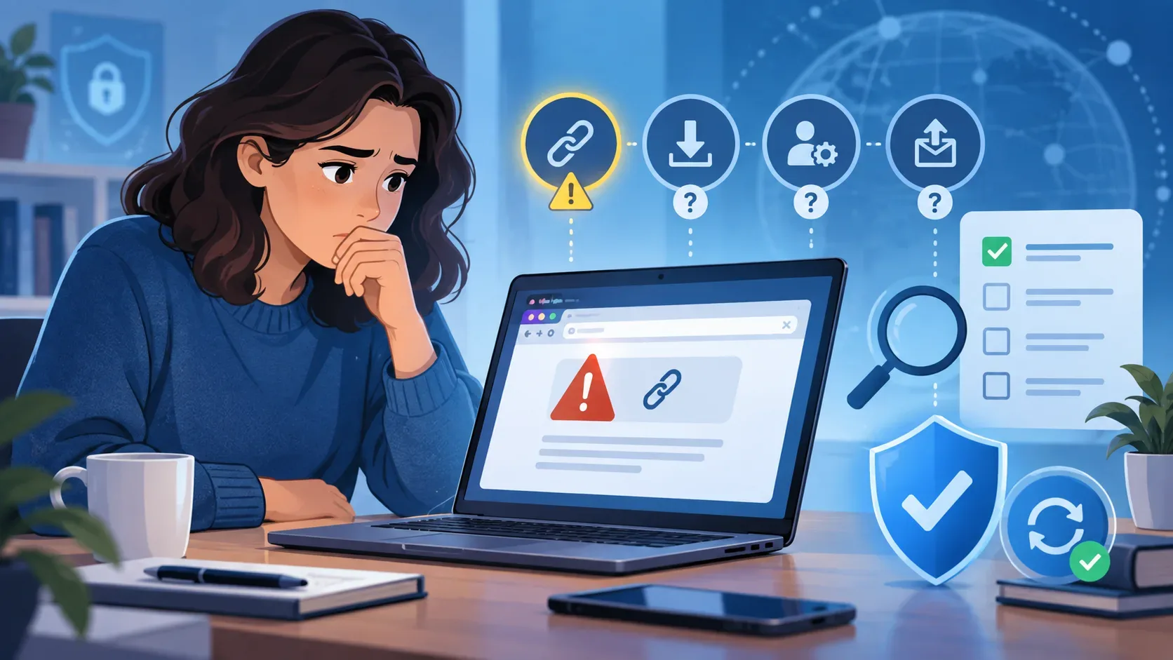 Mulher observa alerta de link suspeito no notebook, cercada por símbolos de download, permissões, envio, lupa e proteção digital.