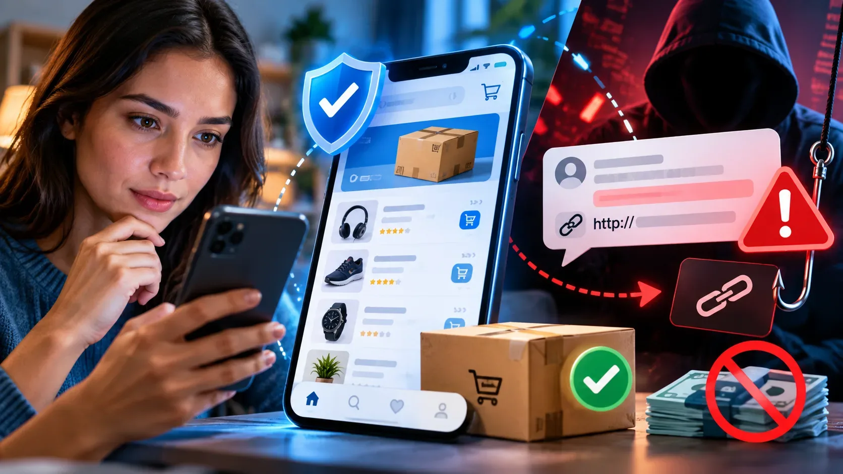 Mulher consulta um celular ao lado de uma interface genérica de marketplace, com caixa de entrega, escudo de segurança, alerta vermelho, link suspeito e figura encapuzada simbolizando tentativa de golpe.