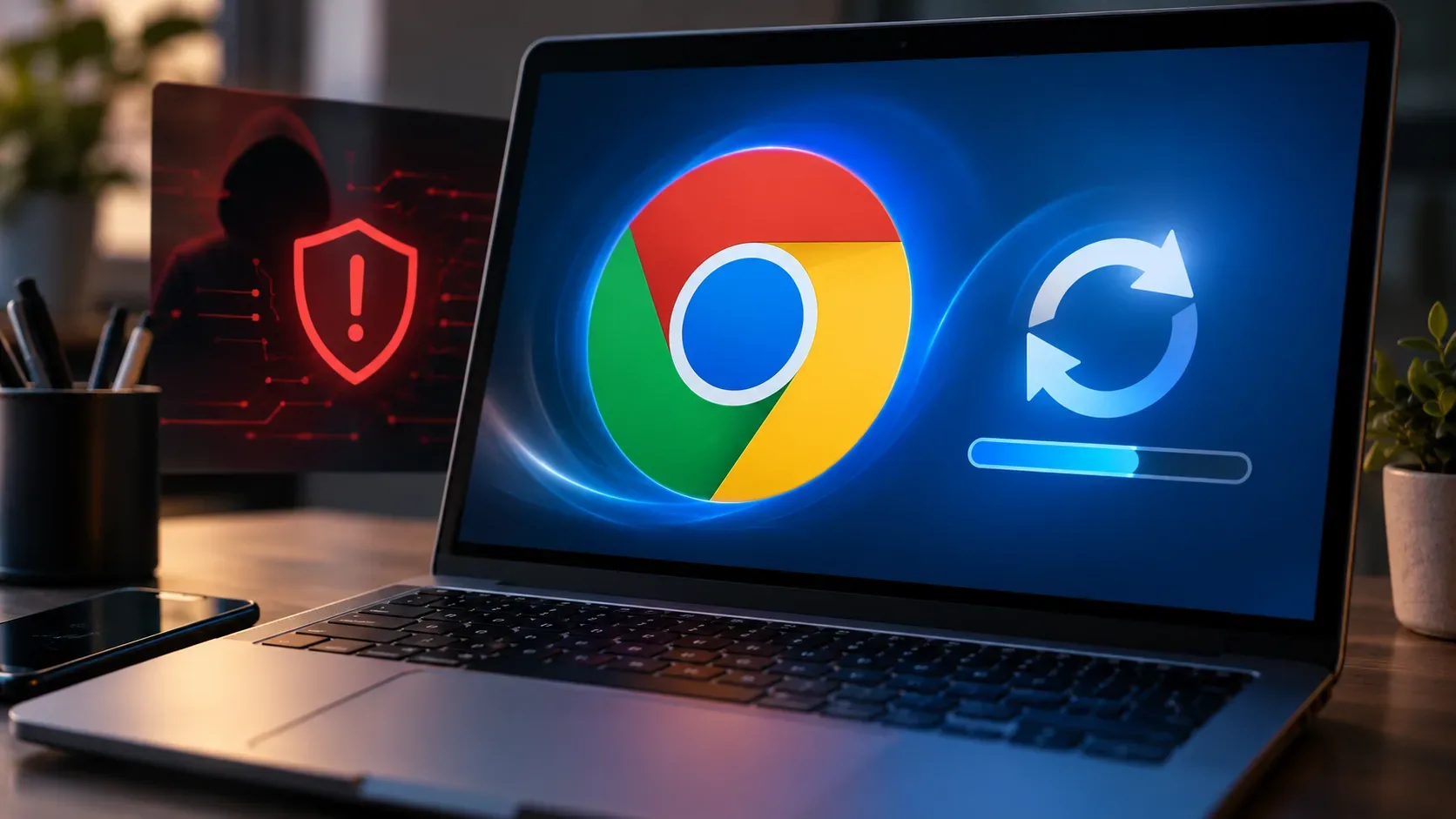 Notebook em uma mesa exibindo o símbolo do Chrome, um ícone de atualização e um alerta visual de segurança ao fundo.
