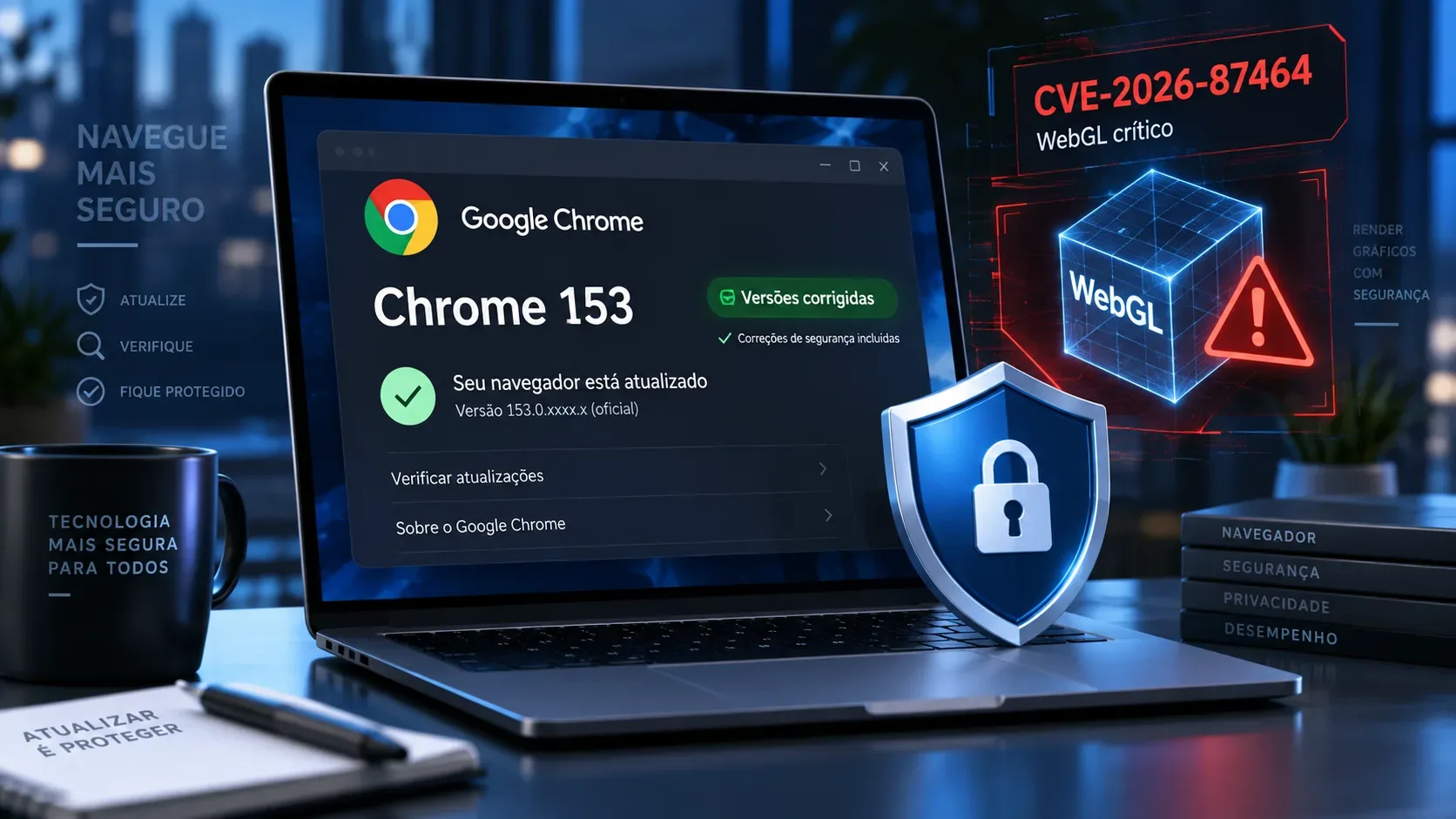 Notebook exibindo Chrome 153 atualizado, com alerta da CVE-2026-87464, cubo WebGL e escudo de segurança em uma cena tecnológica azul.