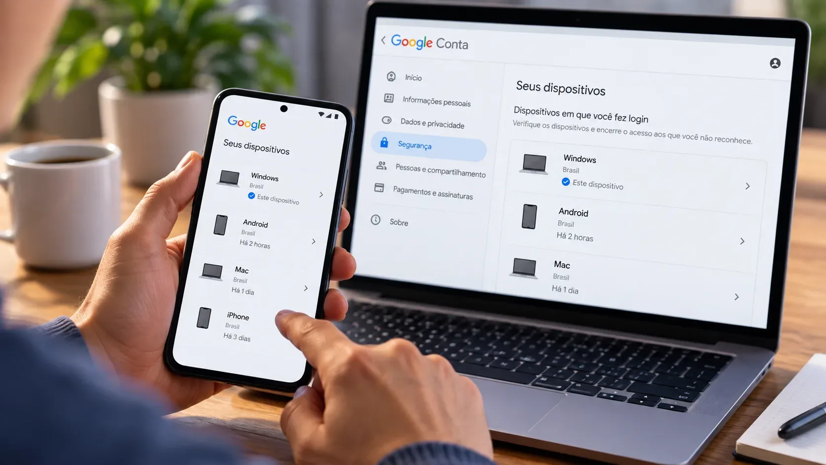 Pessoa segura um celular com a lista de dispositivos da Conta Google aberta, diante de um notebook que mostra a mesma área de segurança.
