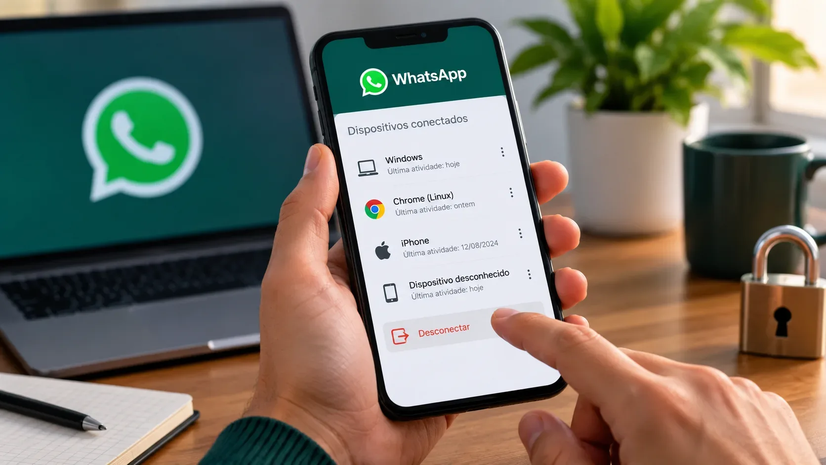 Pessoa segura um celular com a tela de dispositivos conectados do WhatsApp e toca em desconectar, com notebook e cadeado ao fundo.