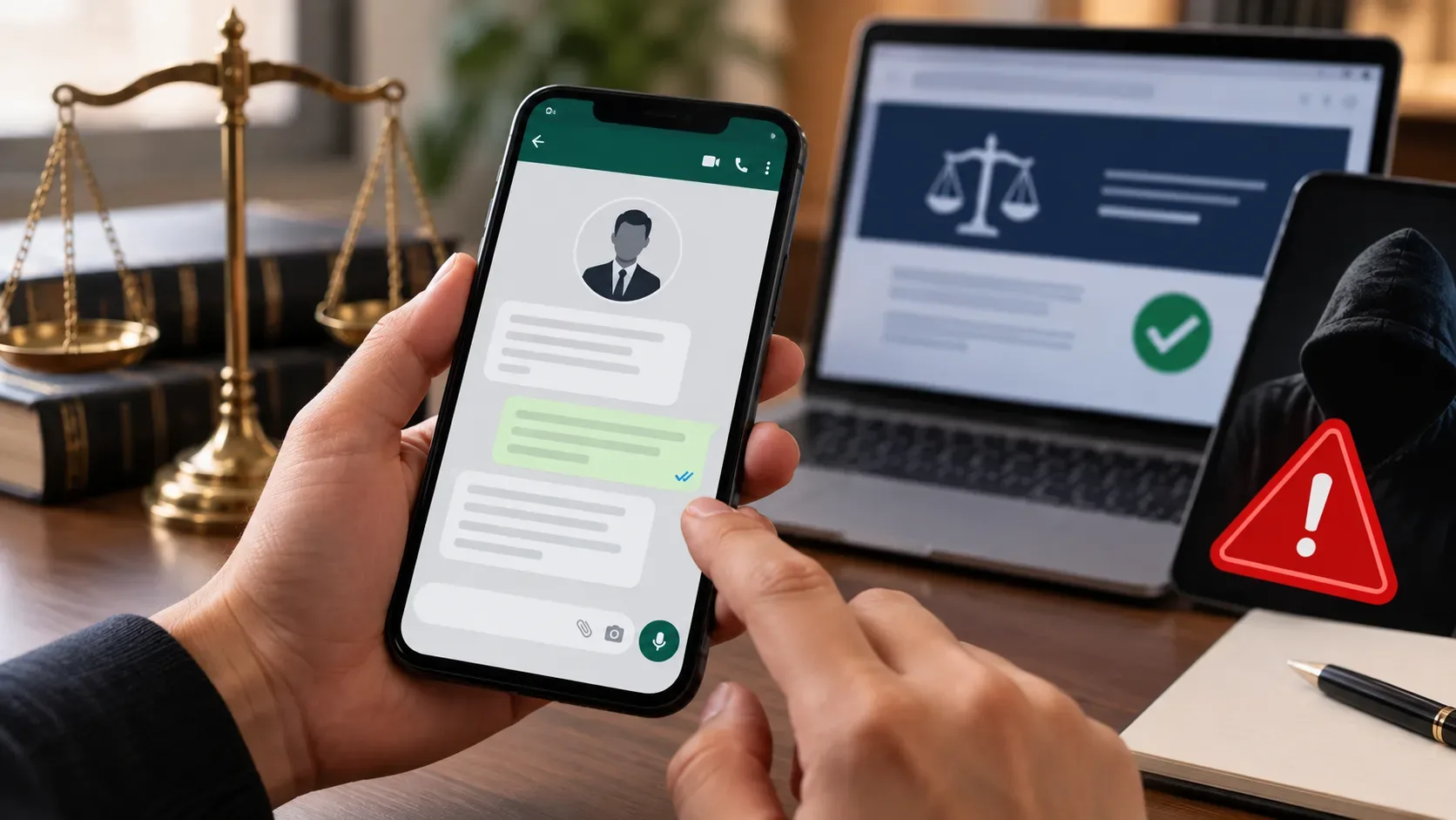 Mãos segurando celular com conversa de suposto advogado, balança da Justiça ao fundo e alerta visual de fraude ao lado.