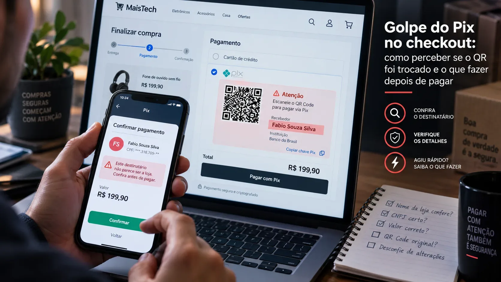 Pessoa confere o destinatário de um Pix no celular diante de um checkout de e-commerce com QR Code e alertas de possível fraude.