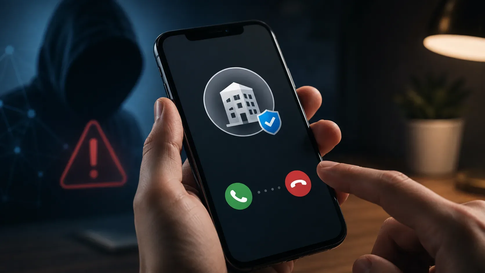Smartphone exibindo chamada de empresa genérica com selo de verificação, enquanto uma silhueta suspeita e um alerta aparecem ao fundo.