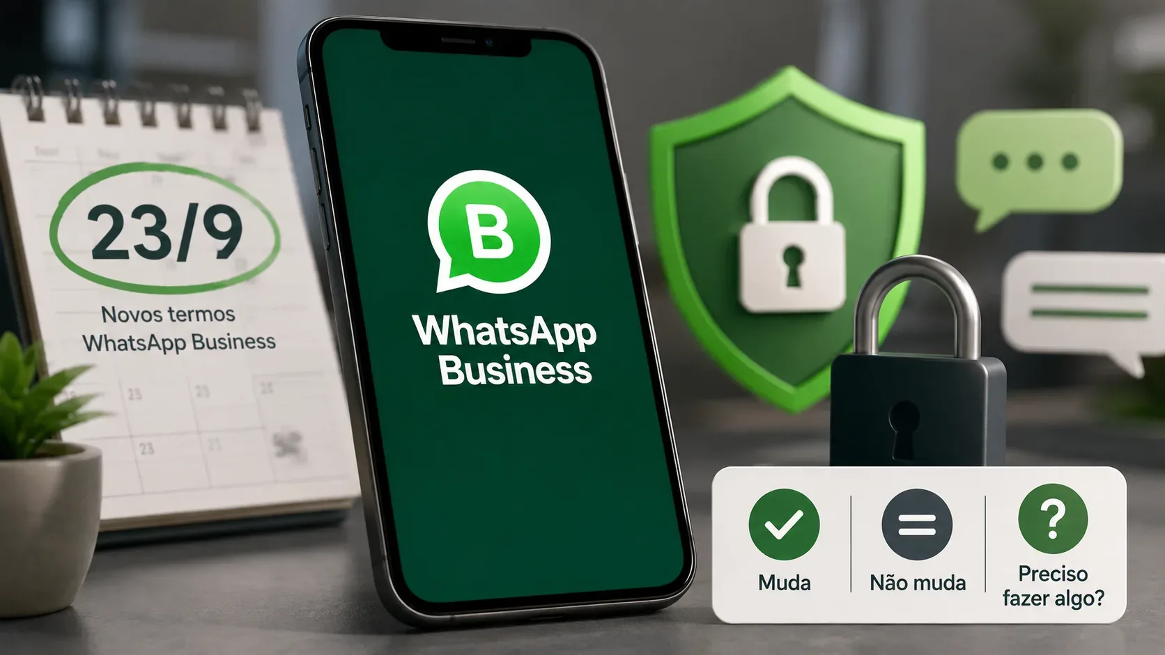 Smartphone com tela do WhatsApp Business ao lado de calendário marcado em 23/9, escudo, cadeado e quadro visual sobre o que muda e o que permanece igual.