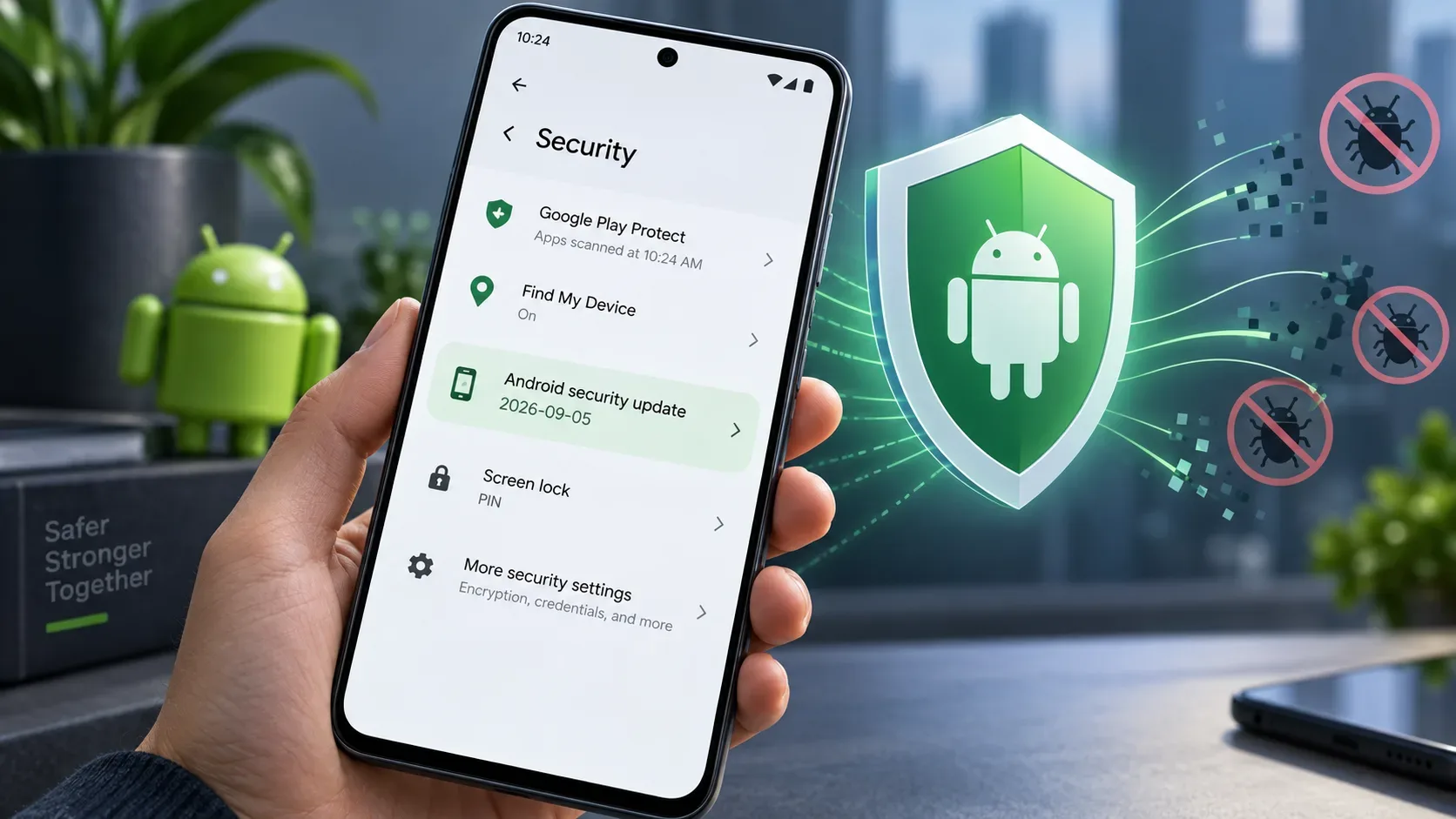 Smartphone Android aberto nas configurações de segurança com a data 2026-09-05, ao lado de um escudo verde e símbolos de falhas bloqueadas.