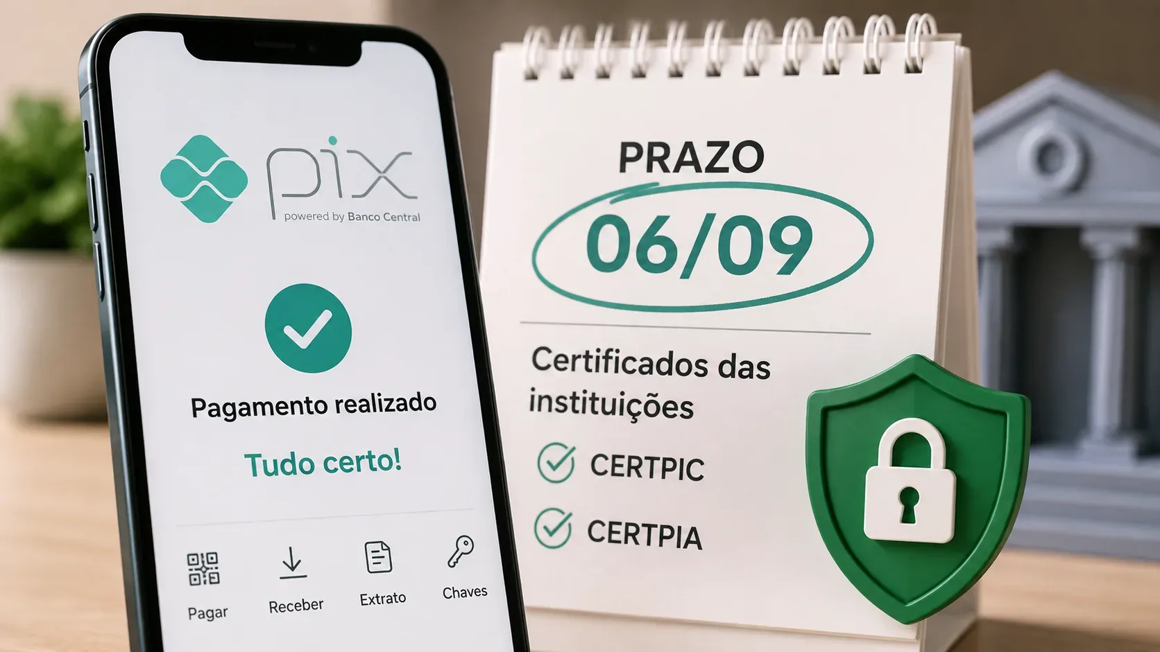 Smartphone exibindo confirmação de pagamento Pix ao lado de calendário com 06/09, menções a CERTPIC e CERTPIA e escudo com cadeado.