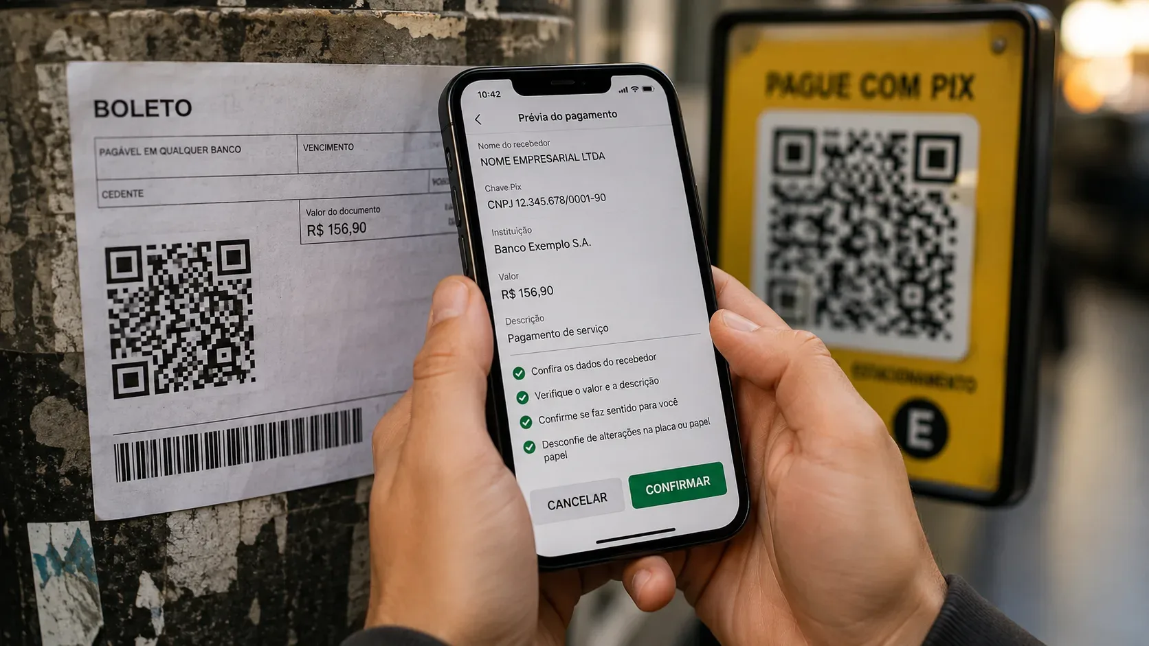 Mãos seguram um celular na prévia de pagamento Pix ao lado de um boleto com QR Code, com uma placa amarela de pagamento por Pix ao fundo.