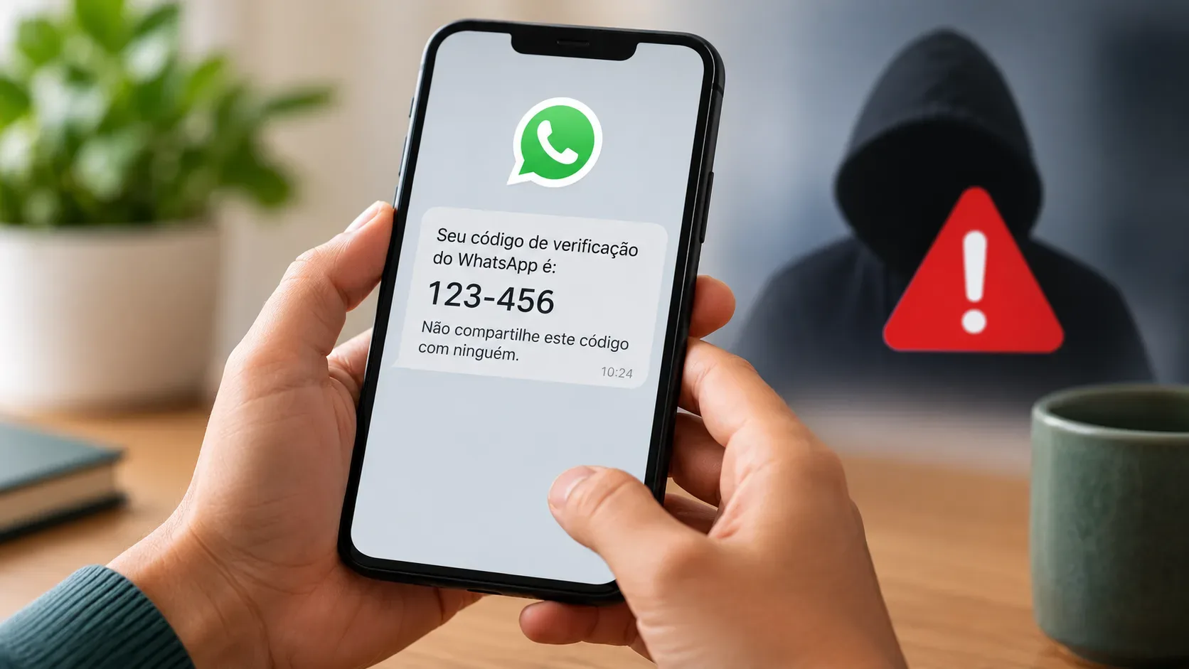 Pessoa segurando celular com mensagem de código de verificação do WhatsApp, enquanto uma silhueta encapuzada e um alerta vermelho aparecem ao fundo.