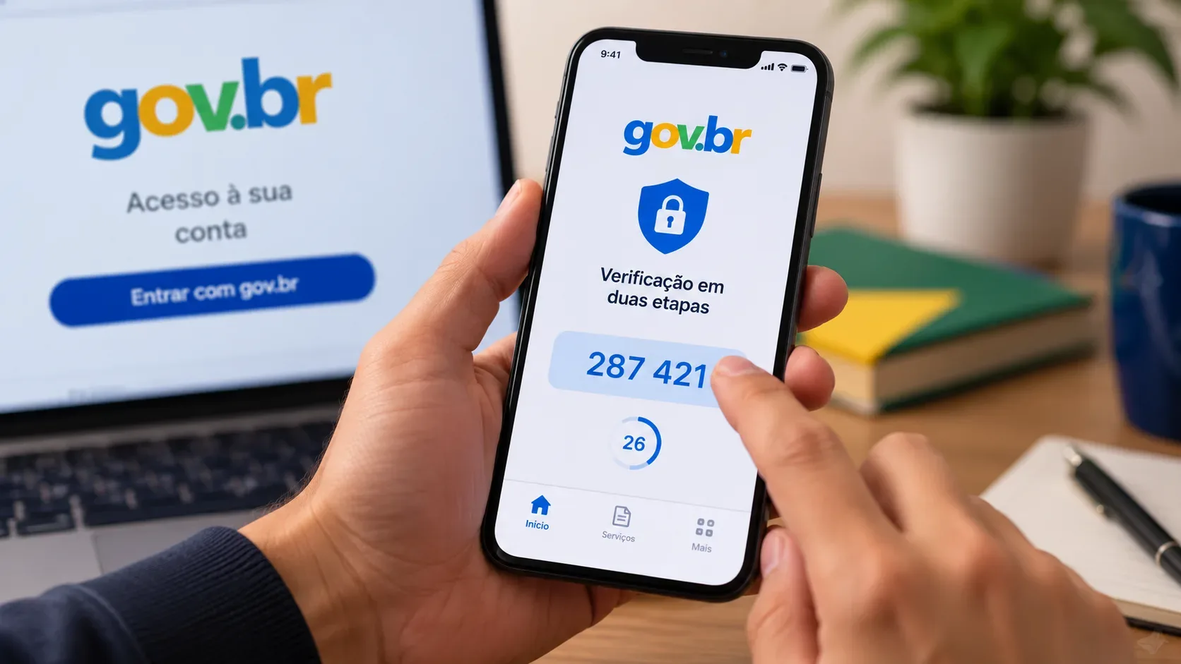 Mãos segurando um smartphone com a tela de verificação em duas etapas do gov.br e um código numérico, com notebook aberto ao fundo.