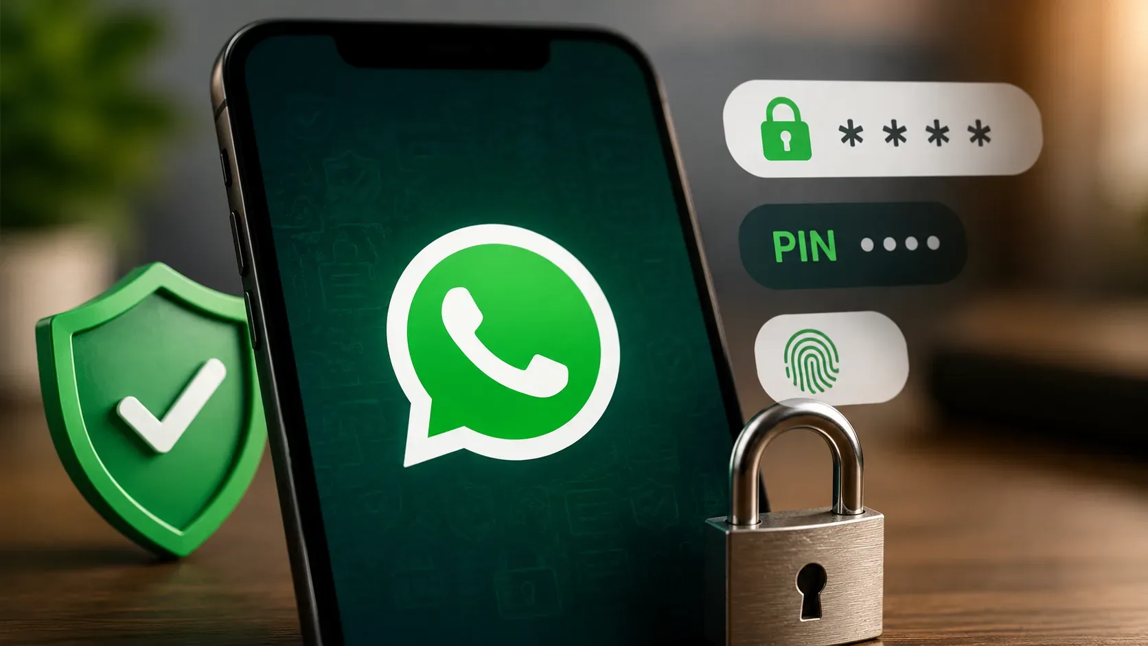 Celular com símbolo do WhatsApp ao lado de escudo, cadeado, campo de senha, indicação de PIN e ícone de impressão digital.