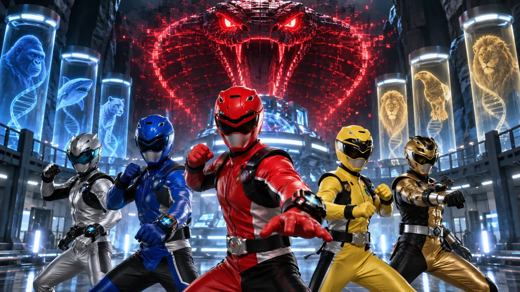 Cinco Rangers com trajes vermelho, azul, amarelo, dourado e prateado em um centro tecnológico futurista, diante de uma cobra digital vermelha e projeções de animais.