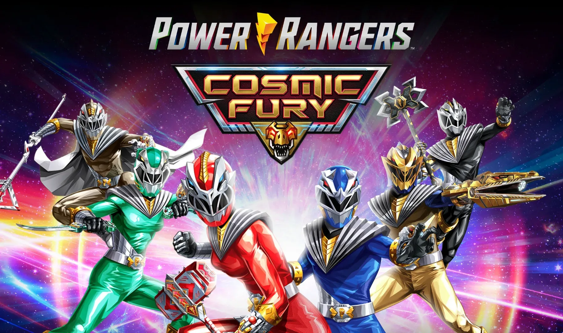 Seis Rangers com armaduras futuristas dourada, azul, vermelha, verde, preta e laranja reunidos diante de planetas, naves e uma nebulosa roxa em uma batalha espacial.