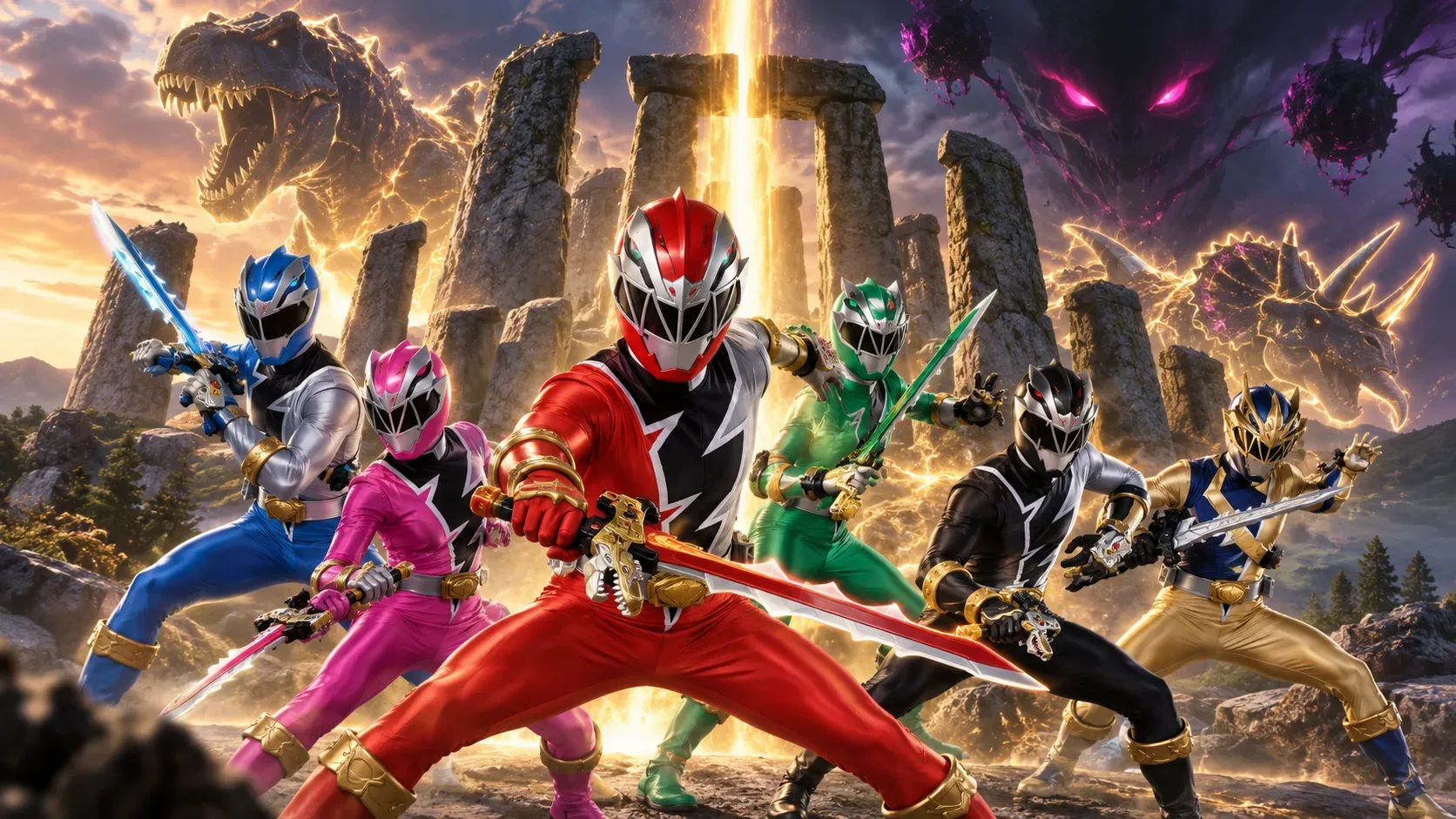 Seis Rangers com armaduras inspiradas em dinossauros, nas cores vermelha, azul, rosa, verde, preta e dourada, preparados para a batalha diante de monólitos, formas luminosas de dinossauros e uma sombra roxa ameaçadora.
