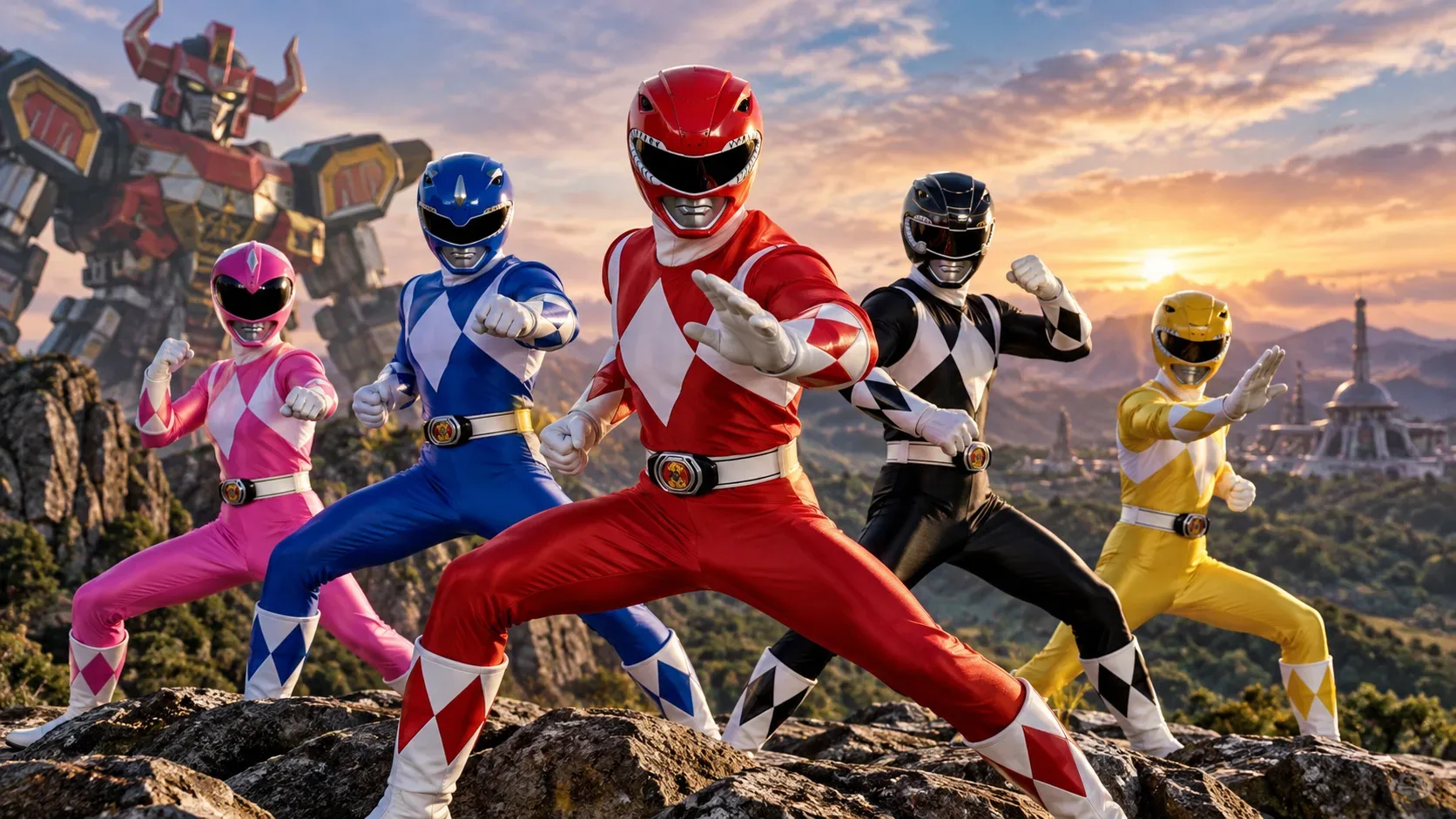 Cinco Rangers vermelho, azul, rosa, preto e amarelo em poses de combate sobre rochas ao pôr do sol, com um robô gigante ao fundo.