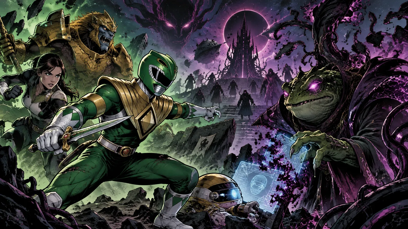 Green Ranger avança contra um monstro anfíbio cercado por energia púrpura, com uma guerreira, um aliado dourado e um robô danificado ao fundo.
