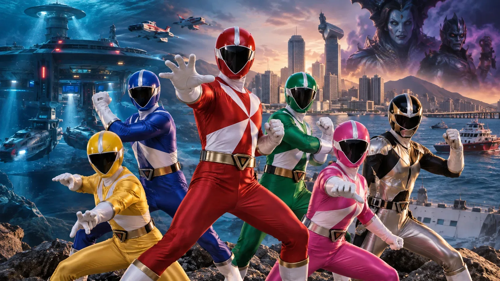 Seis Rangers com uniformes vermelho, azul, amarelo, verde, rosa e preto-prateado em poses de combate diante de uma base submarina, veículos de resgate, Mariner Bay e figuras demoníacas ao fundo.