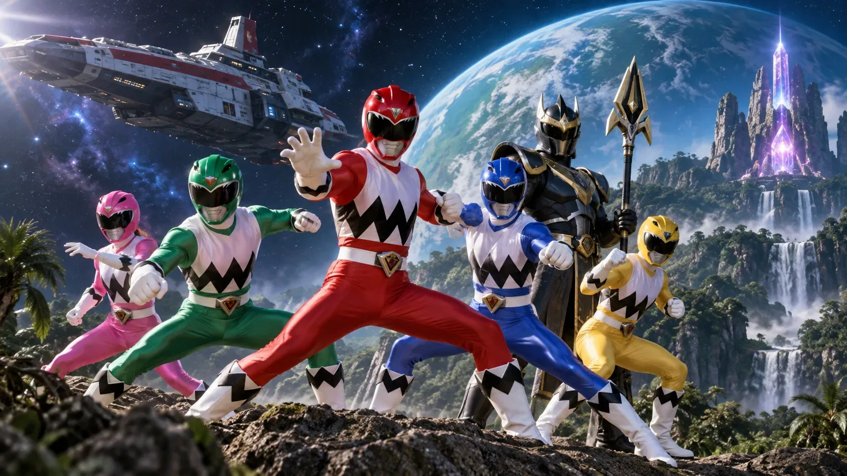 Cinco Rangers em vermelho, verde, azul, amarelo e rosa posam em um mundo alienígena ao lado de um guerreiro de armadura preta e dourada, com nave espacial, planeta e cascatas ao fundo.