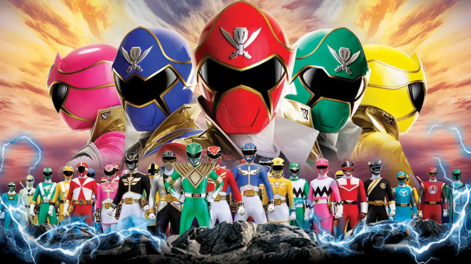 Montagem heroica com grandes retratos de Rangers vermelho, azul, verde, rosa e amarelo ao fundo e várias equipes de Power Rangers reunidas em primeiro plano sob um céu luminoso com efeitos de energia.